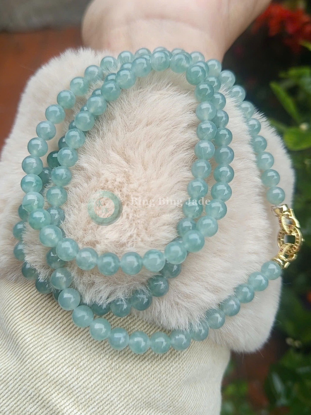 (Myanmar) Celestial Sky Blue-Greenish Hue Jadeite Bead Necklace 6.3mm