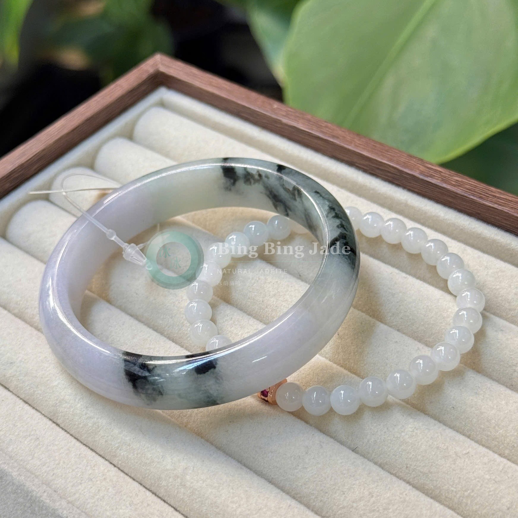Pastel Purple Hue Jade with Ink Koi Pattern Bangle 55mm