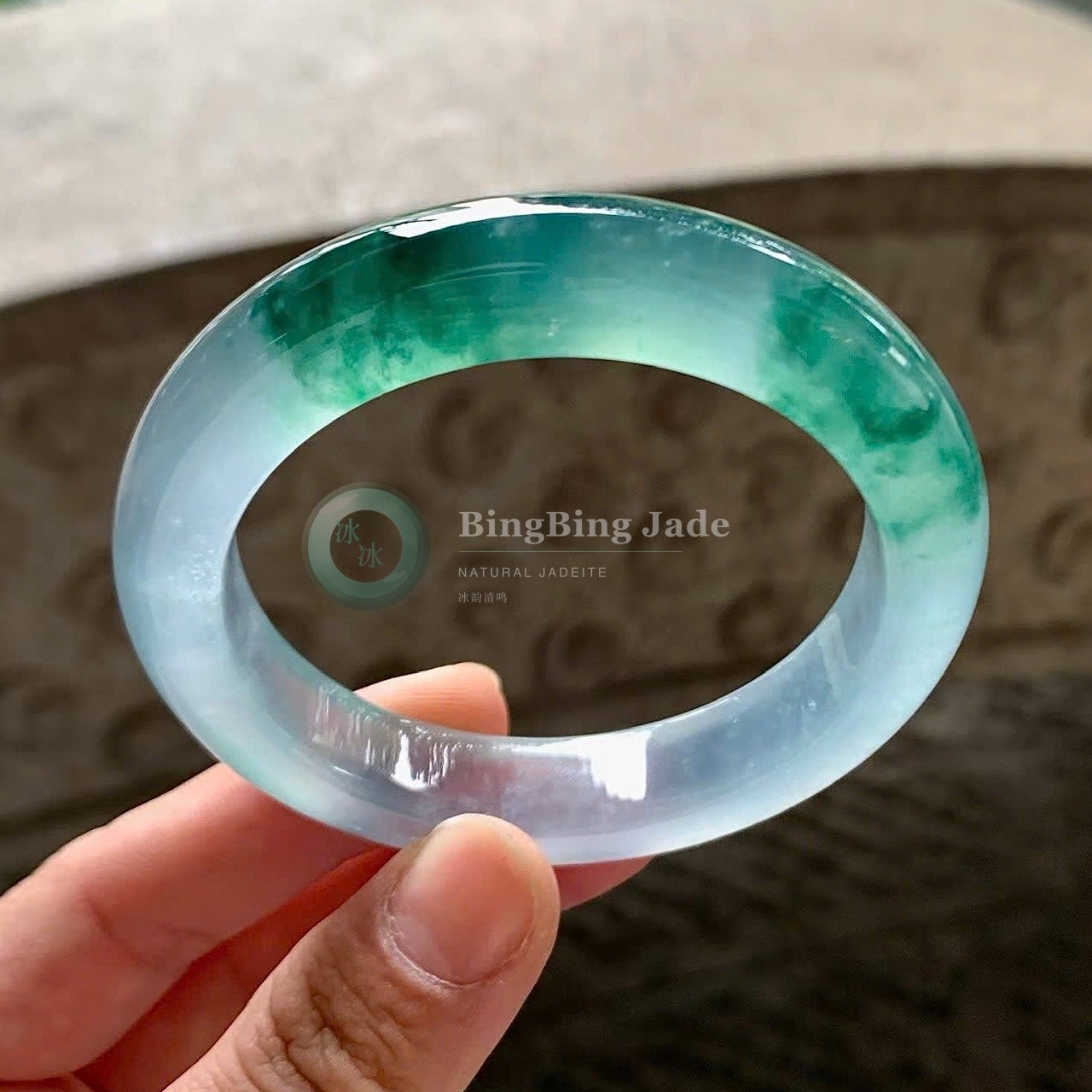 Icy Glass Translucency with Floating Emerald Bloom — Bangle 53mm