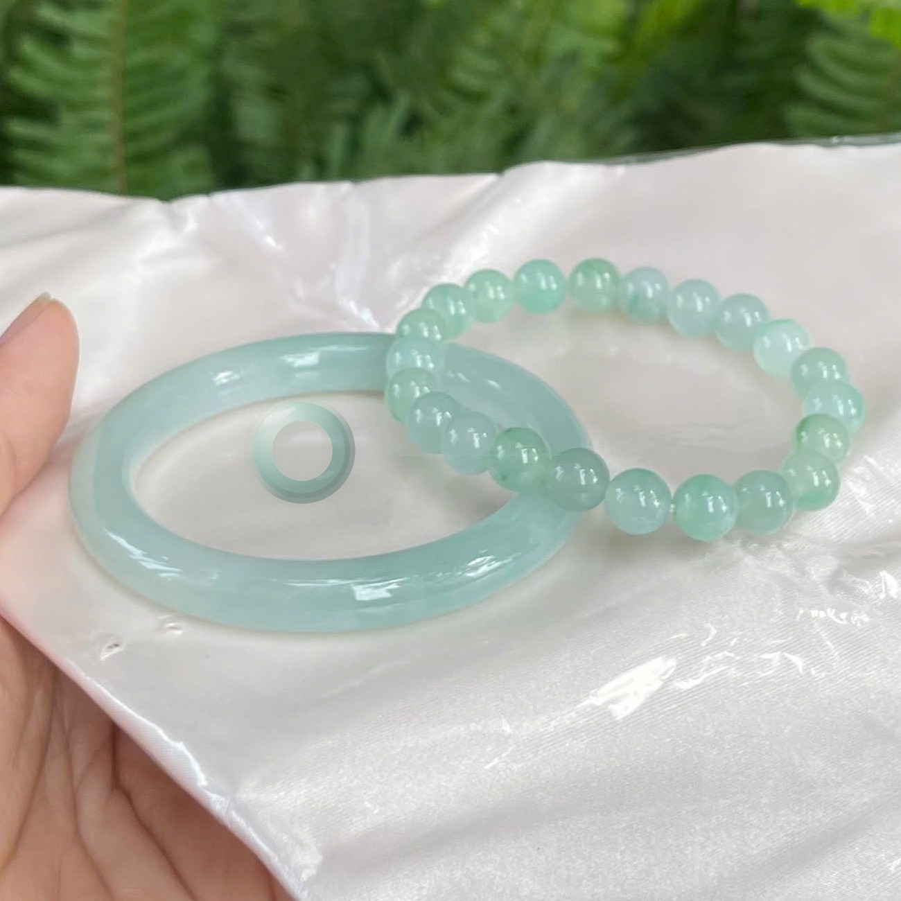 Icy Aqua Glow Bangle 52.6mm with Floating Green Bead Bracelet Set