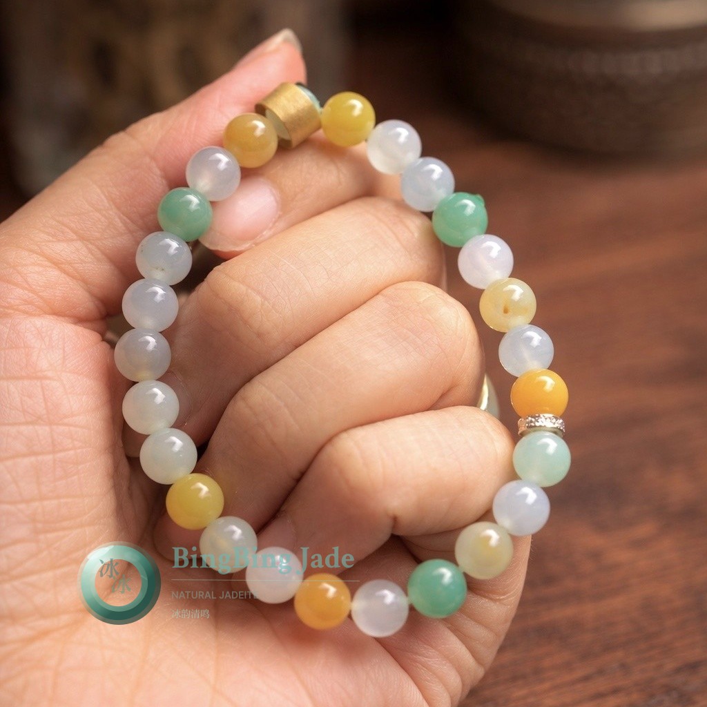 Multicolor Harmony — Lavender, Green & Honey Jadeite Bead Bracelet 6.8mm