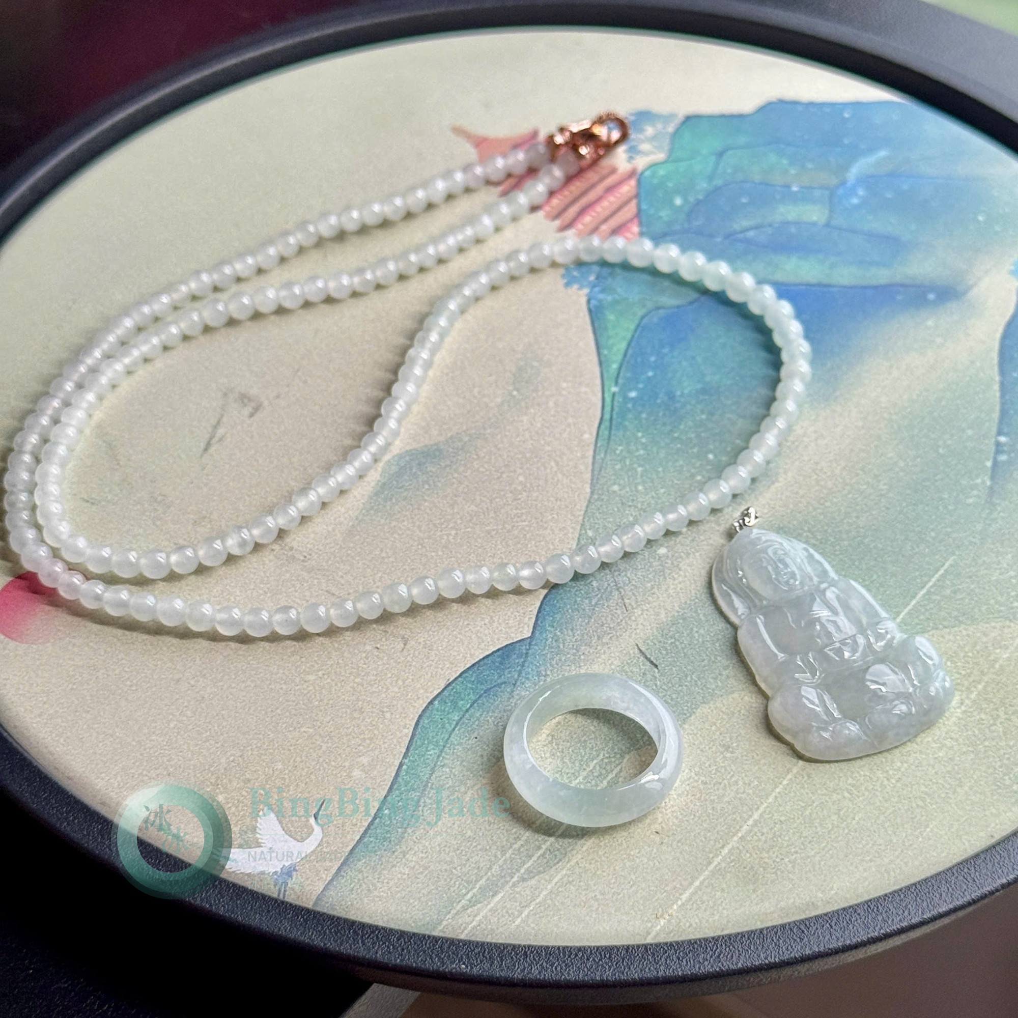 Icy White Guanyin Pendant Combo — Bead Necklace, Pendant & Translucent Band Ring