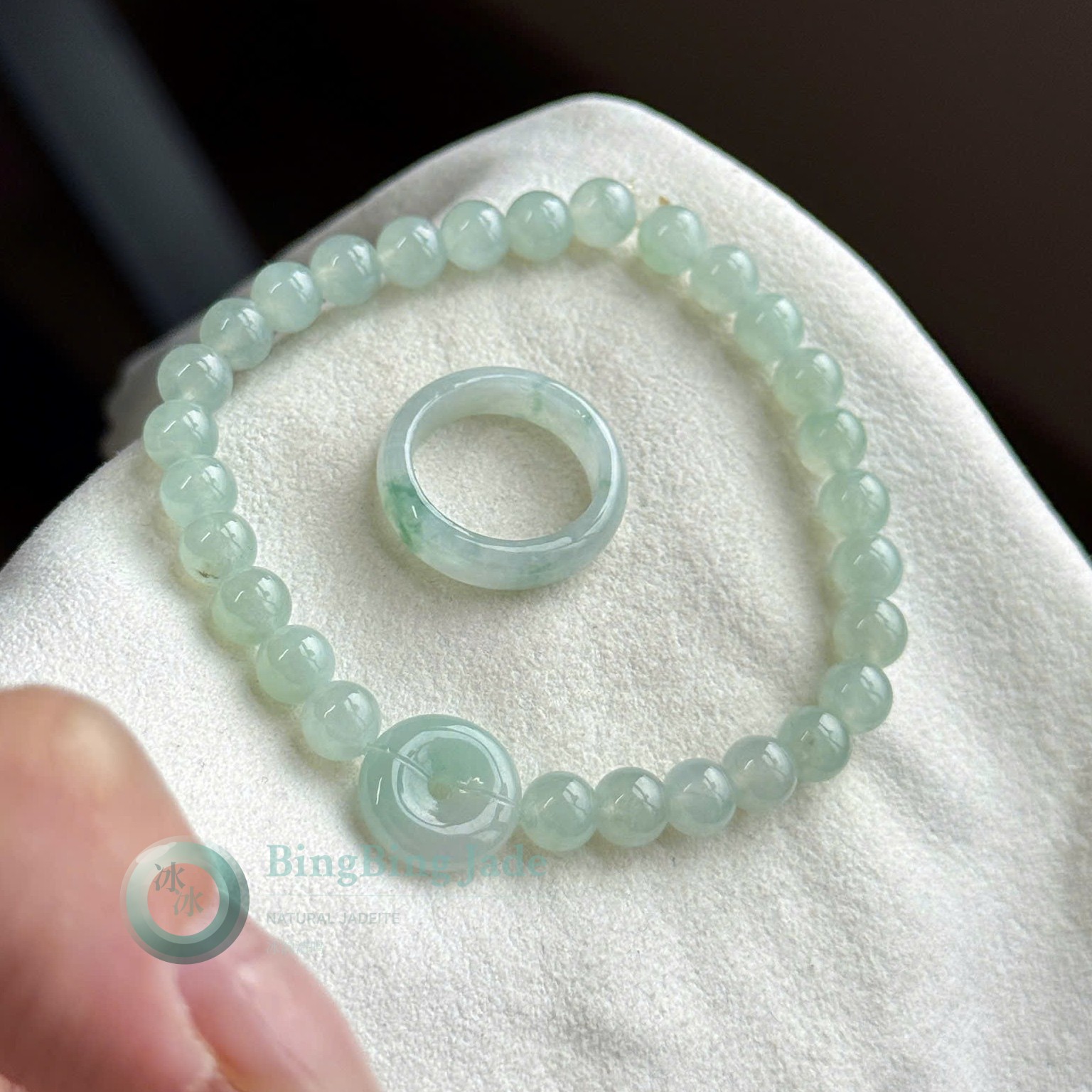 Icy Glutinous Jadeite Bead Bracelet with Donut Charm & Matching Band Ring Set