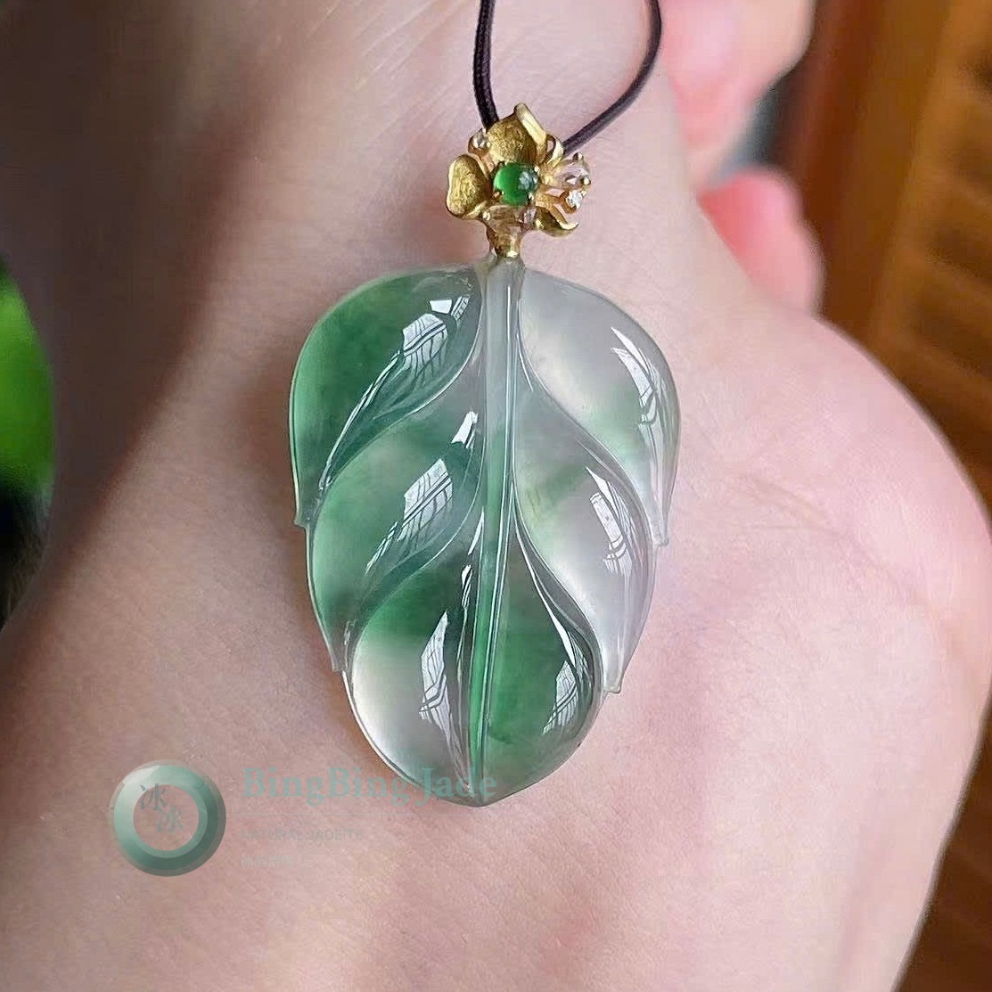 Floating Emerald Leaf Pendant with 18K Gold Floral Bail
