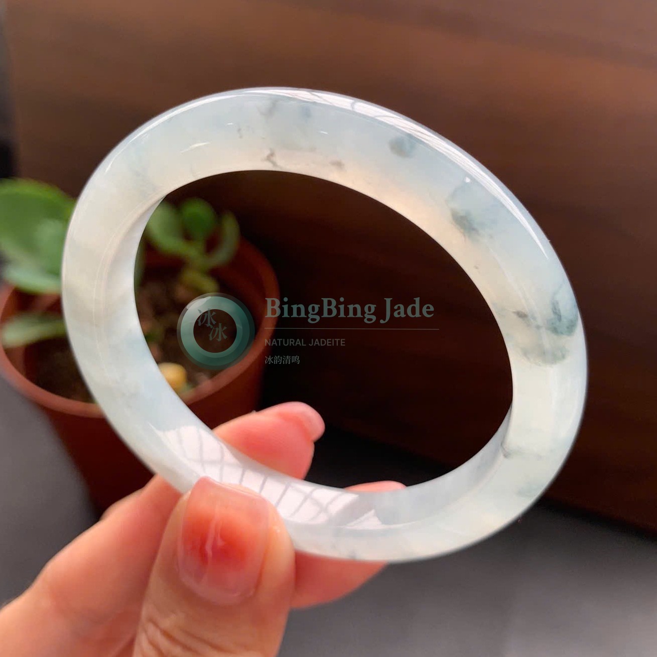 Icy Bloom — Floating Blue Wisps on Snow-White Jadeite Bangle 50mm