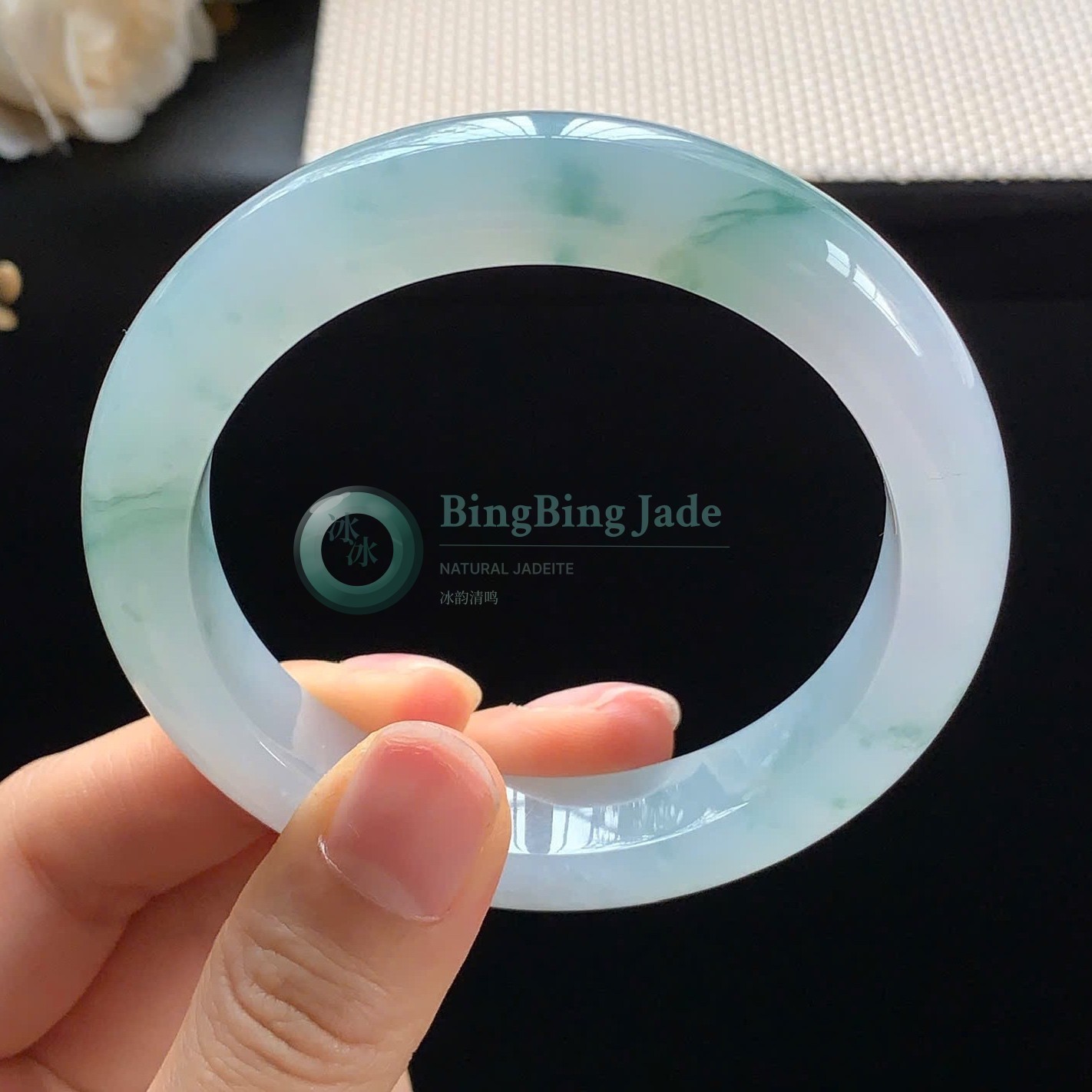 Icy Glacier Bangle 55.5mm — Pale Aqua Translucency with Soft Green Wisps