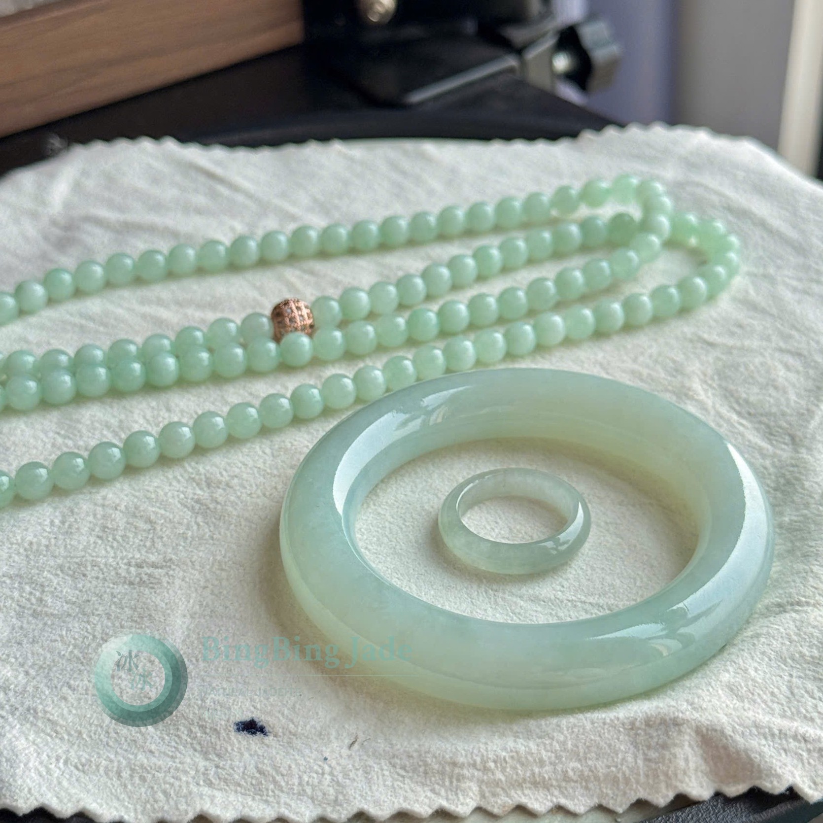 Hue Green Jadeite Bangle 51.5mm — Vintage Glow with Bead Necklace & Ring Set