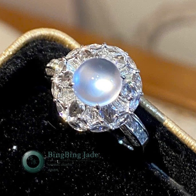White Dragon Icy White Longshi Jadeite Ring in 18K Gold & Crystal Halo