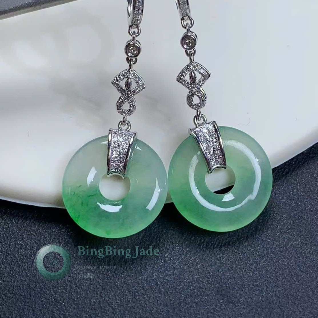 Icy Celadon Bi Disc Drop Earrings in 18k White Gold