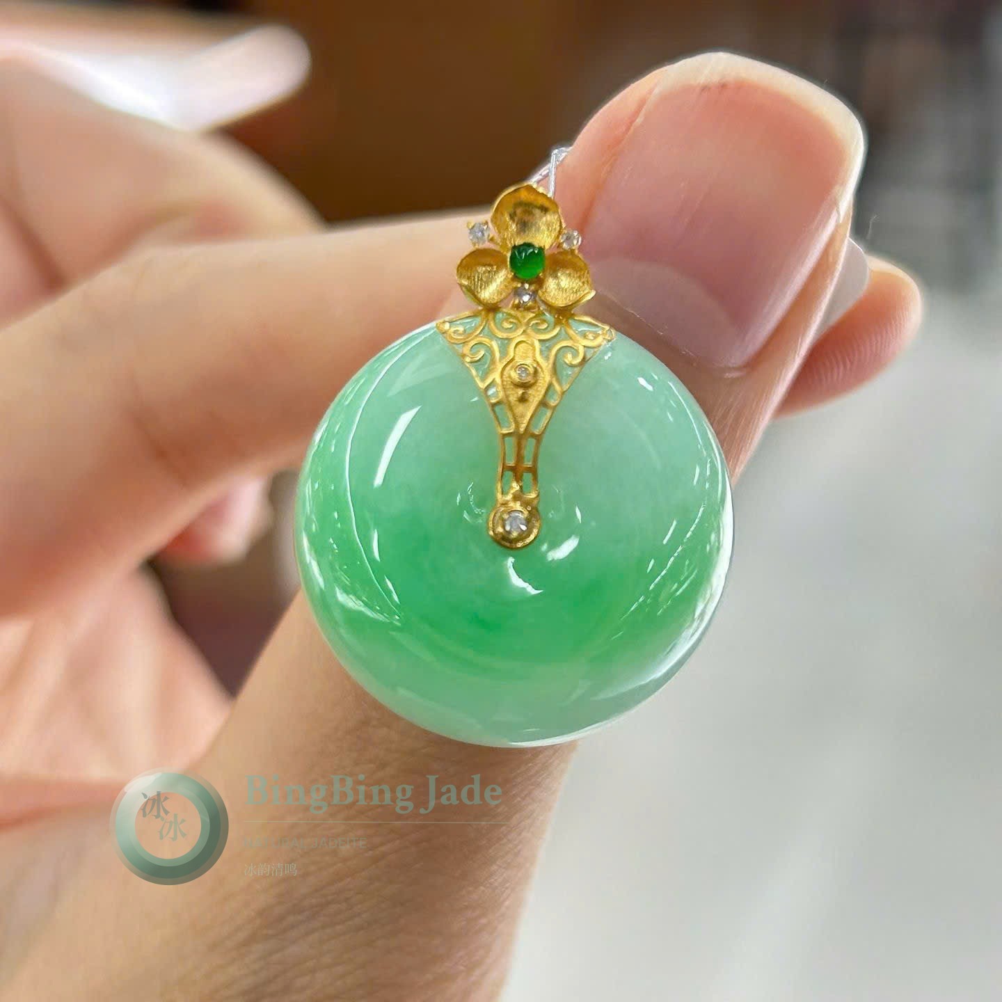 Luminous Spring Green Bing An Kou Pendant — Plump Jelly Disc with 18K Gold Floral Bail