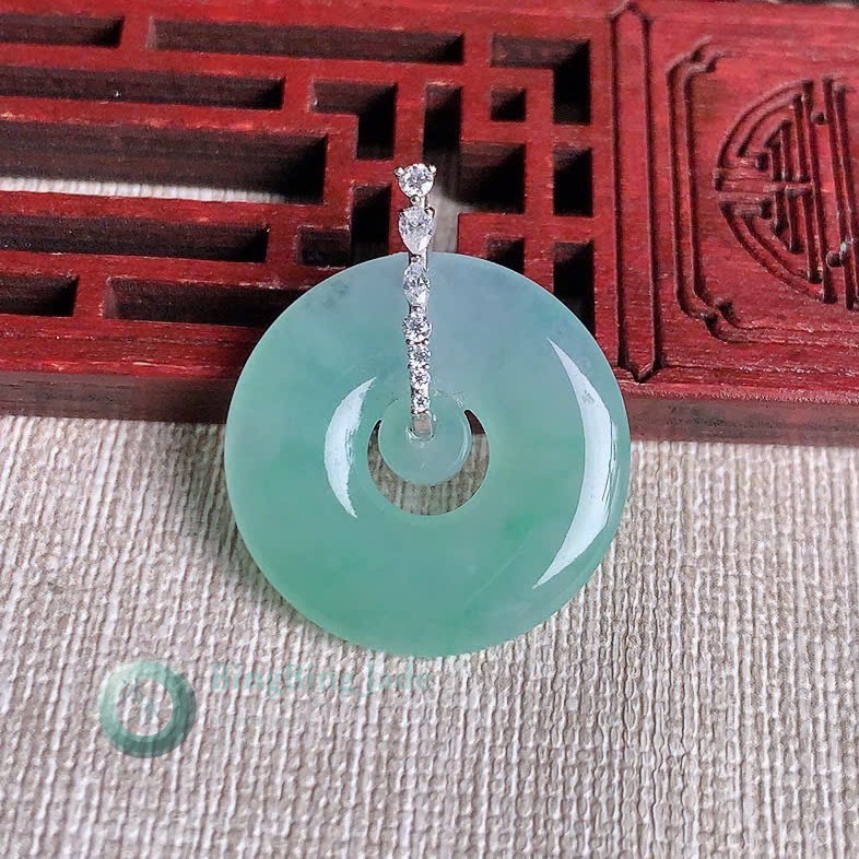 Sweet Green Icy Disc — Mother-and-Child Ping An Kou Pendant with 18K Diamond Bail