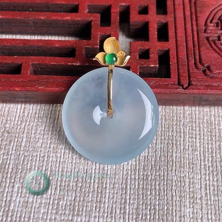 Icy White Moonlight Ping An Kou Pendant with 18K Gold Lotus Bail