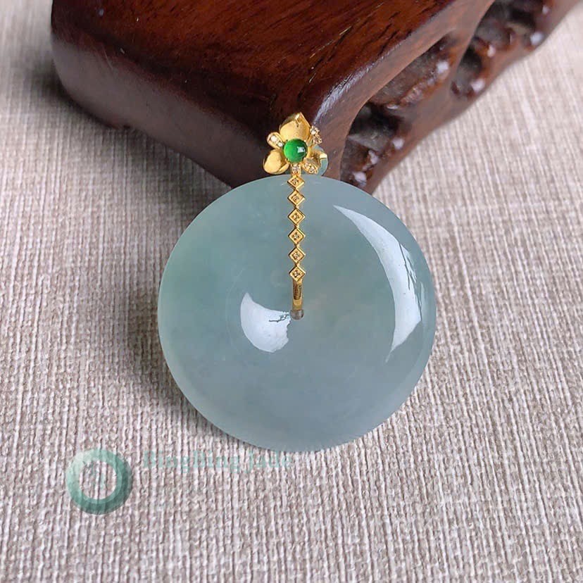 Celadon Ping An Kou Pendant with Gold Floral Bail — 36mm Disc