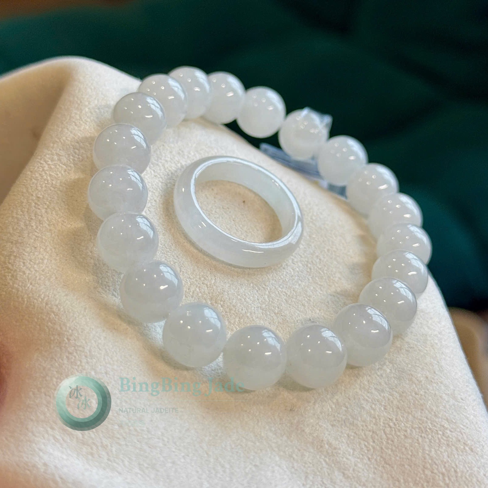 Pure Snow Icy White 10mm Bead Jadeite Bracelet & Ring Set