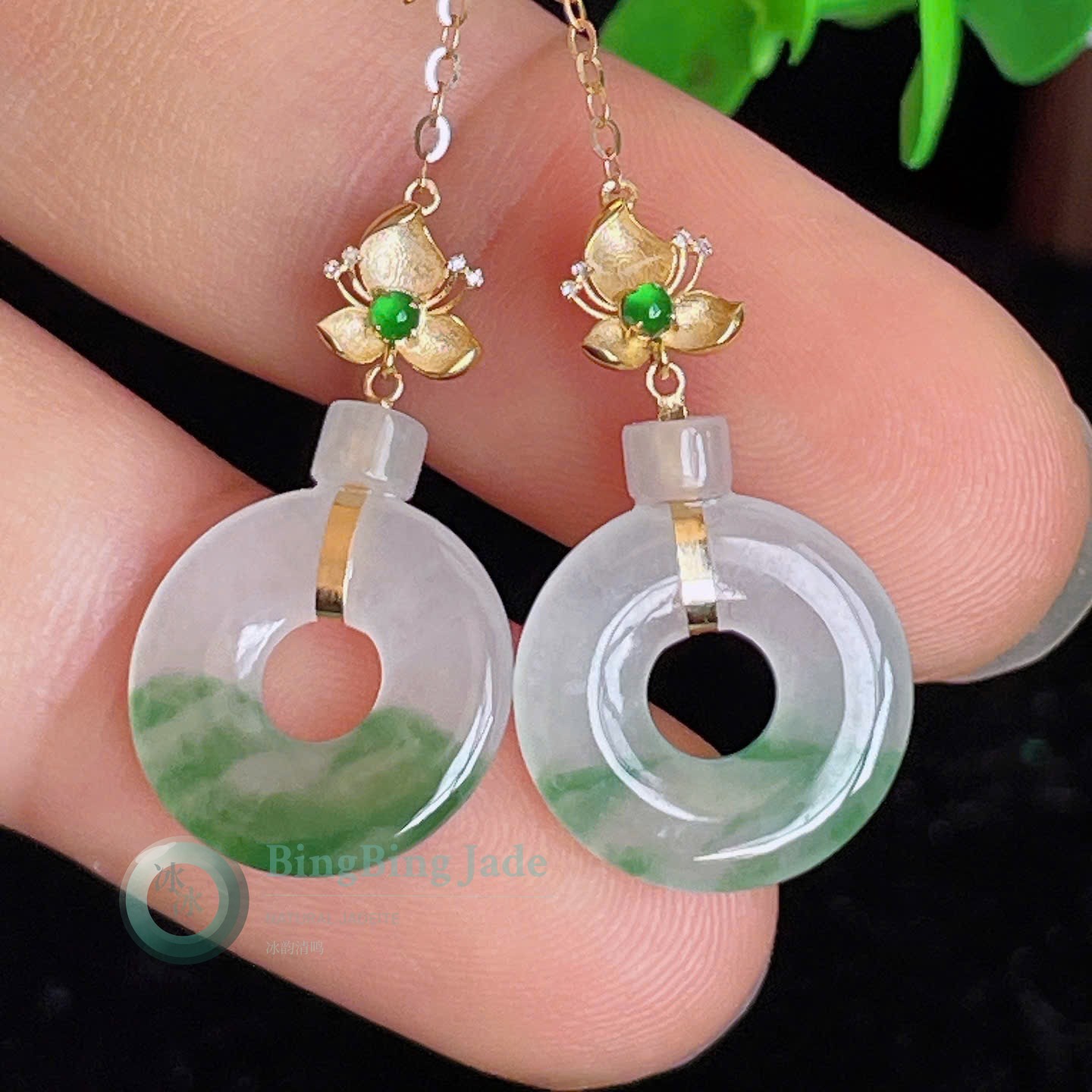 Icy Donut Drop Earrings with Floating Green — 18K Gold Floral Setting