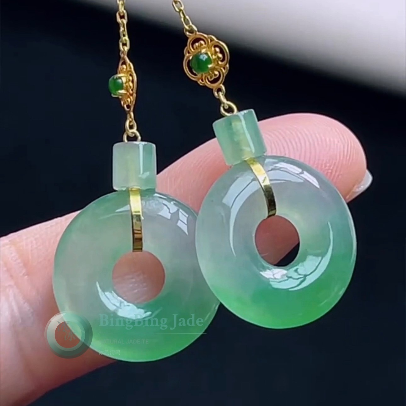 High Icy Floating Green Donut Drop Earrings in 18K Gold