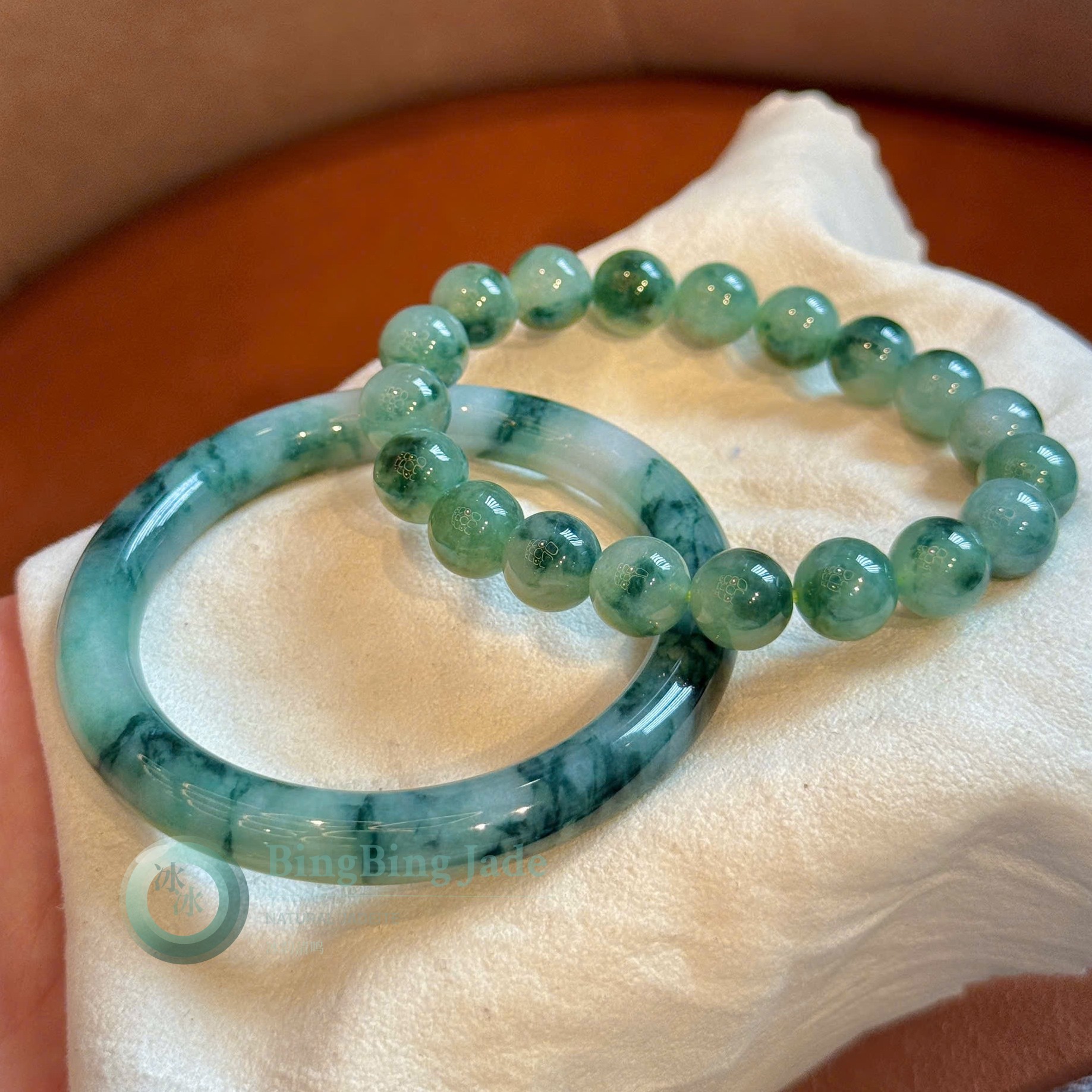 Ink-Wash Landscape Combo — Solid Bangle 53mm & Floating Emerald Bead Bracelet 9.8mm