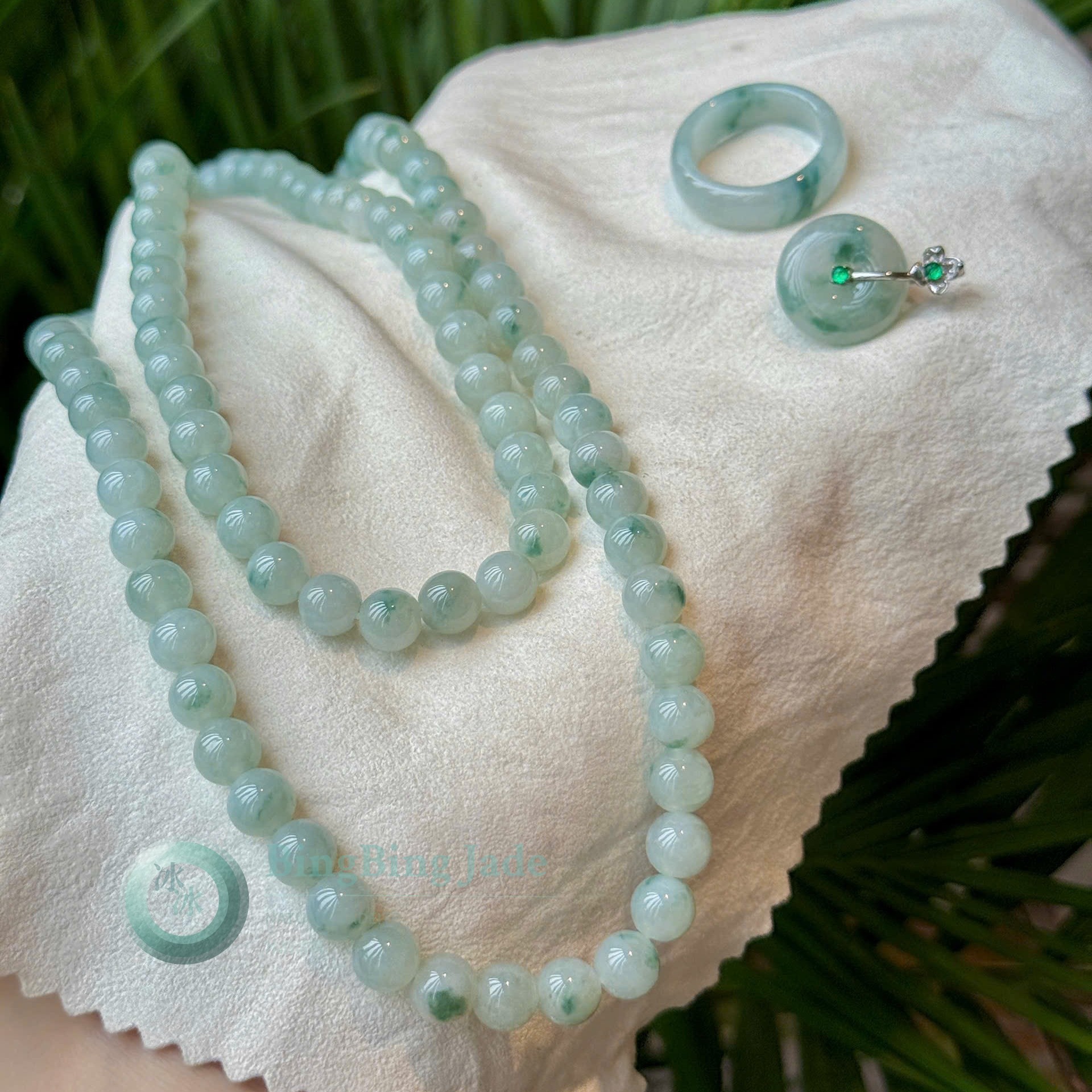 Floating Blossom Icy Jadeite Combo — Long Beaded Necklace, Ring & Donut Pendant