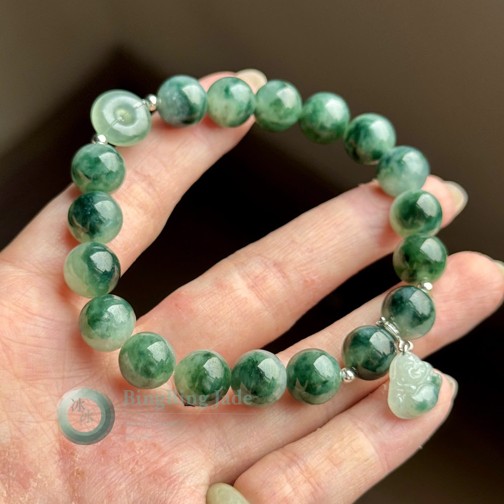 Misty Forest Floating Green Jadeite Bead Bracelet 10mm with Laughing Buddha Charm
