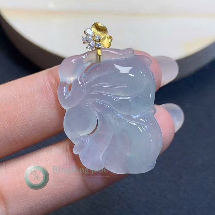 Icy White with Lavender Hue Angel Pendant — Ethereal Translucency with 18k Gold Bail
