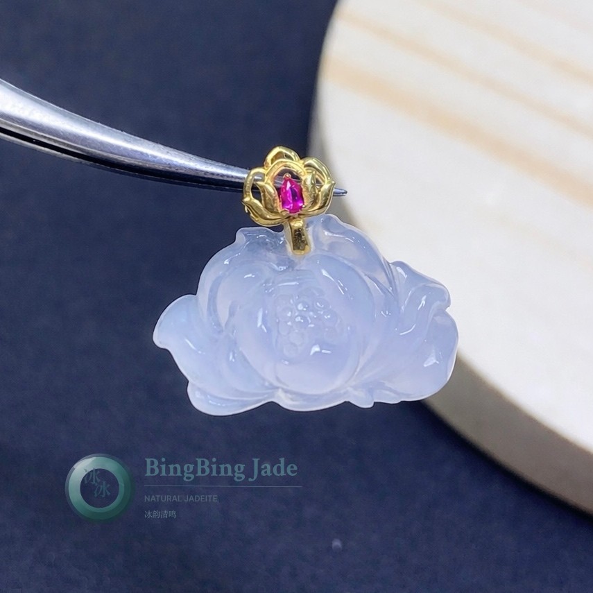 Icy Lavender Lotus Blossom Pendant with 18K Gold & Ruby Bail