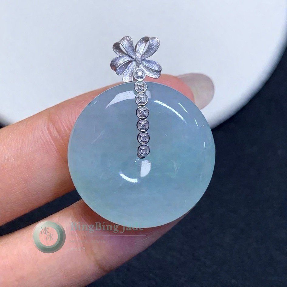 Icy Aqua Jadeite Donut Pendant with 18K White Gold Floral Bail