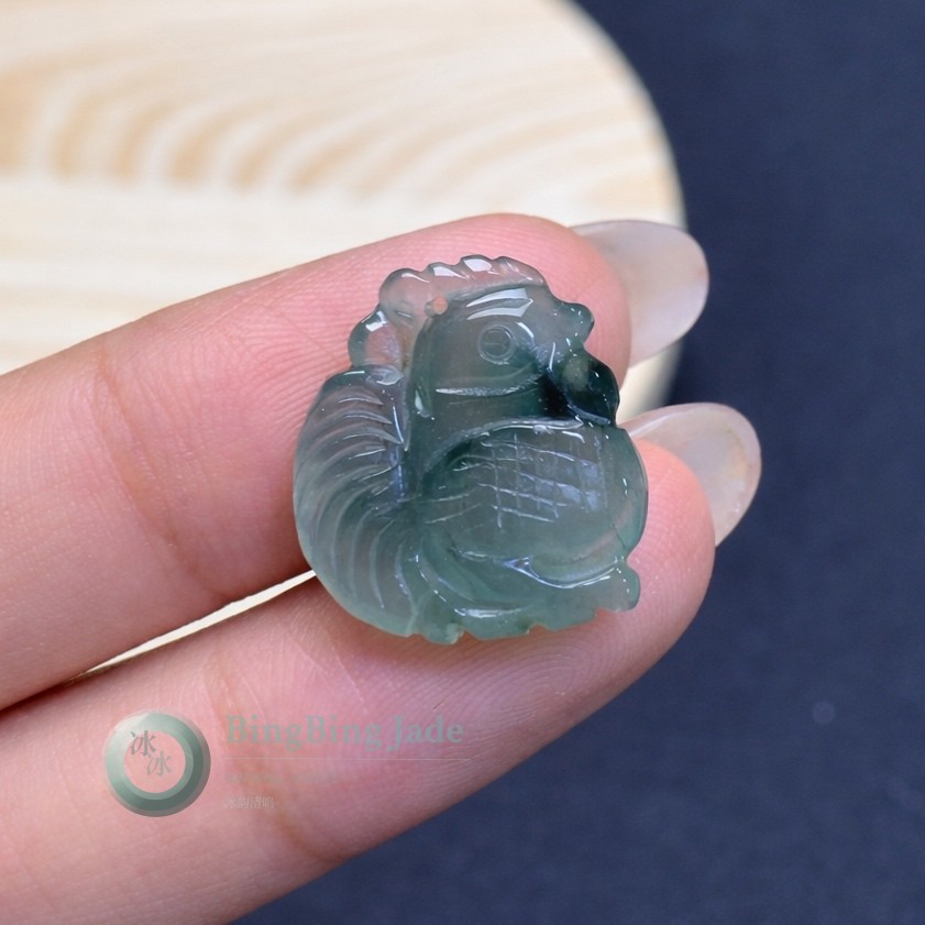 Mossy Jelly Rooster Pendant — Translucent Blue-Green Charm