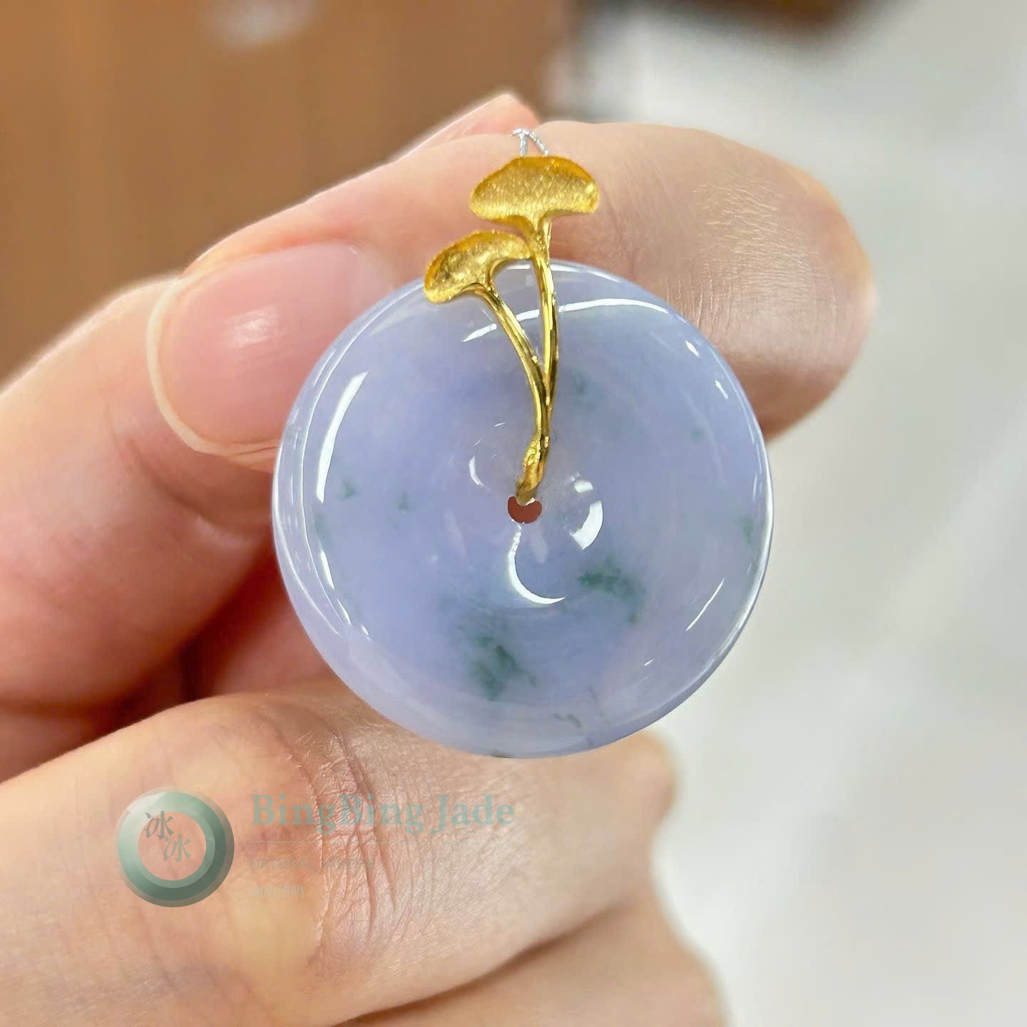 Monet Pattern Lavender with Floating Blossom — Ping An Kou Pendant 24.8mm with 18K Gold Bail