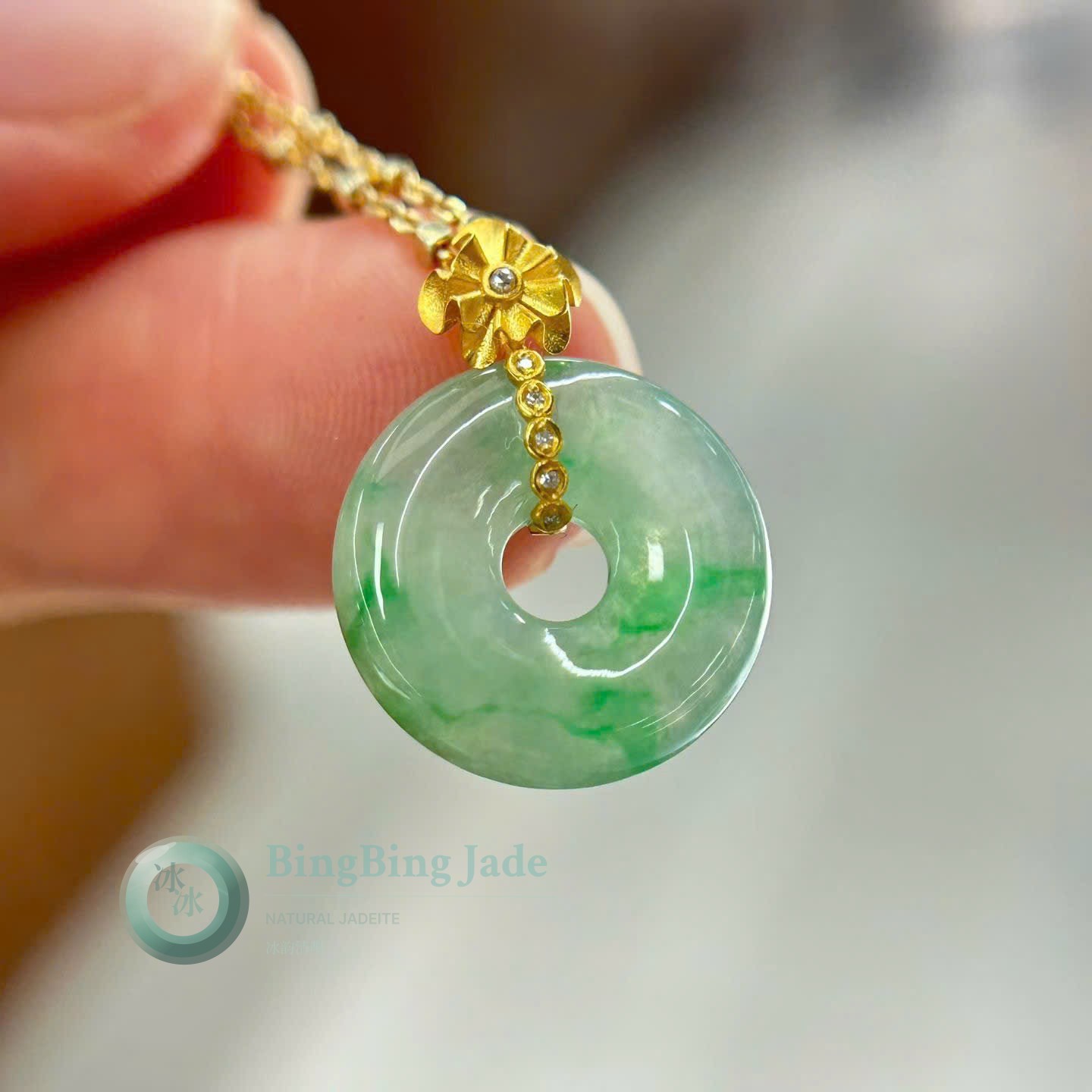 Spring Drift Jadeite Donut Pendant with 18K Gold Floral Bail