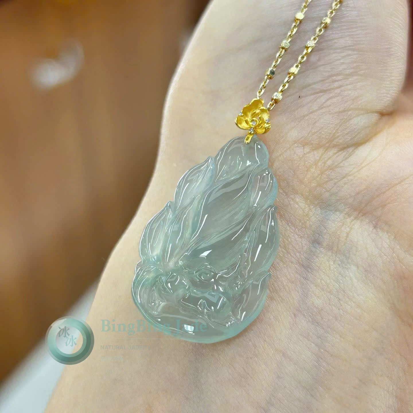 Icy Nine-Tailed Fox Pendant — Glacial Translucency with Soft Celadon Drift