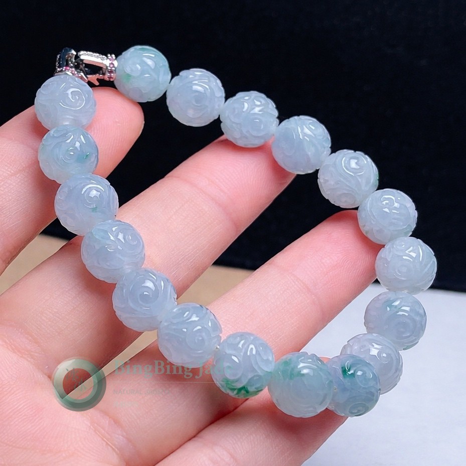 Carved Floating Blossom Beads — White/Blue Hue Jadeite Bracelet