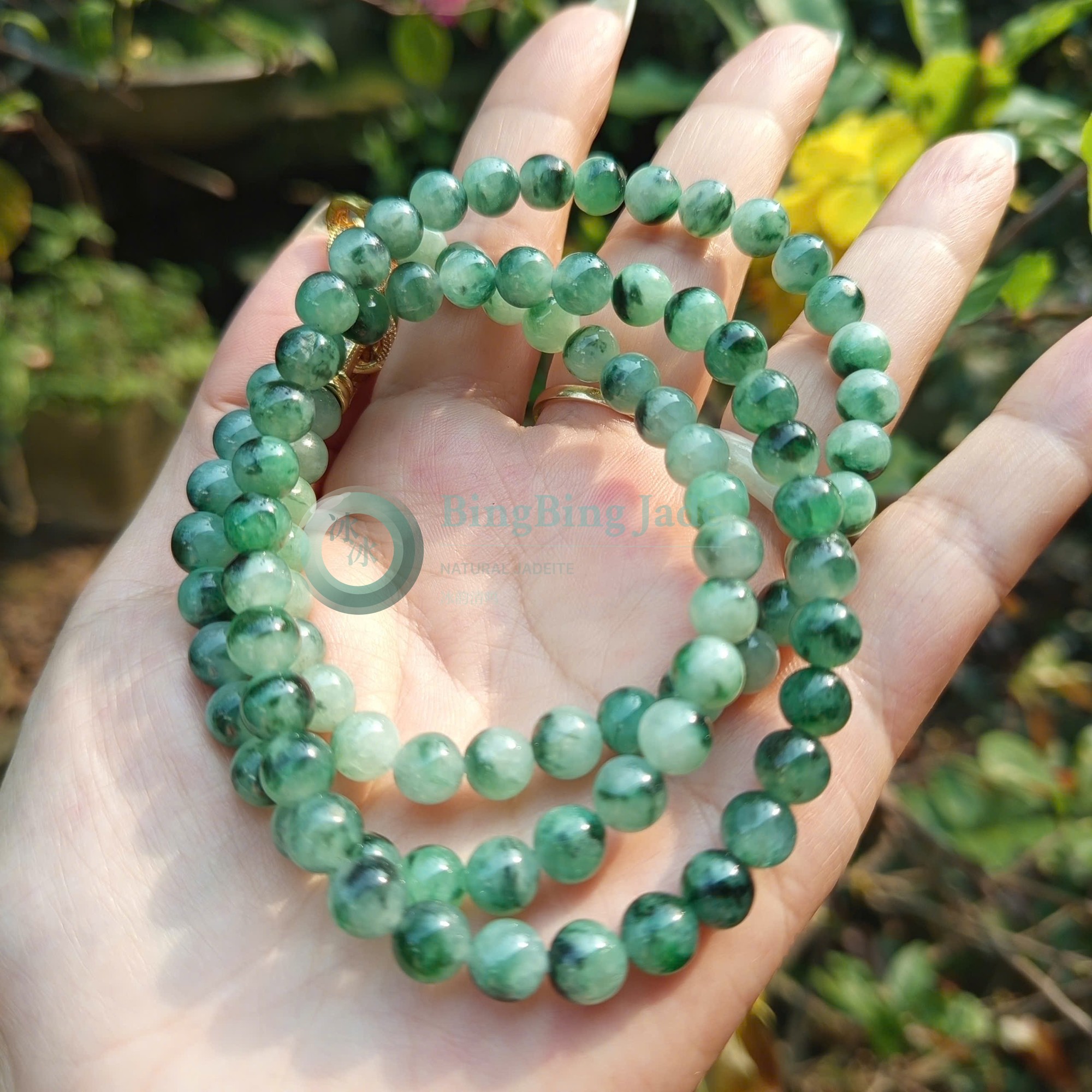 Scattered Emerald Blooms on Green — Jadeite Bead Necklace ~6.5mm