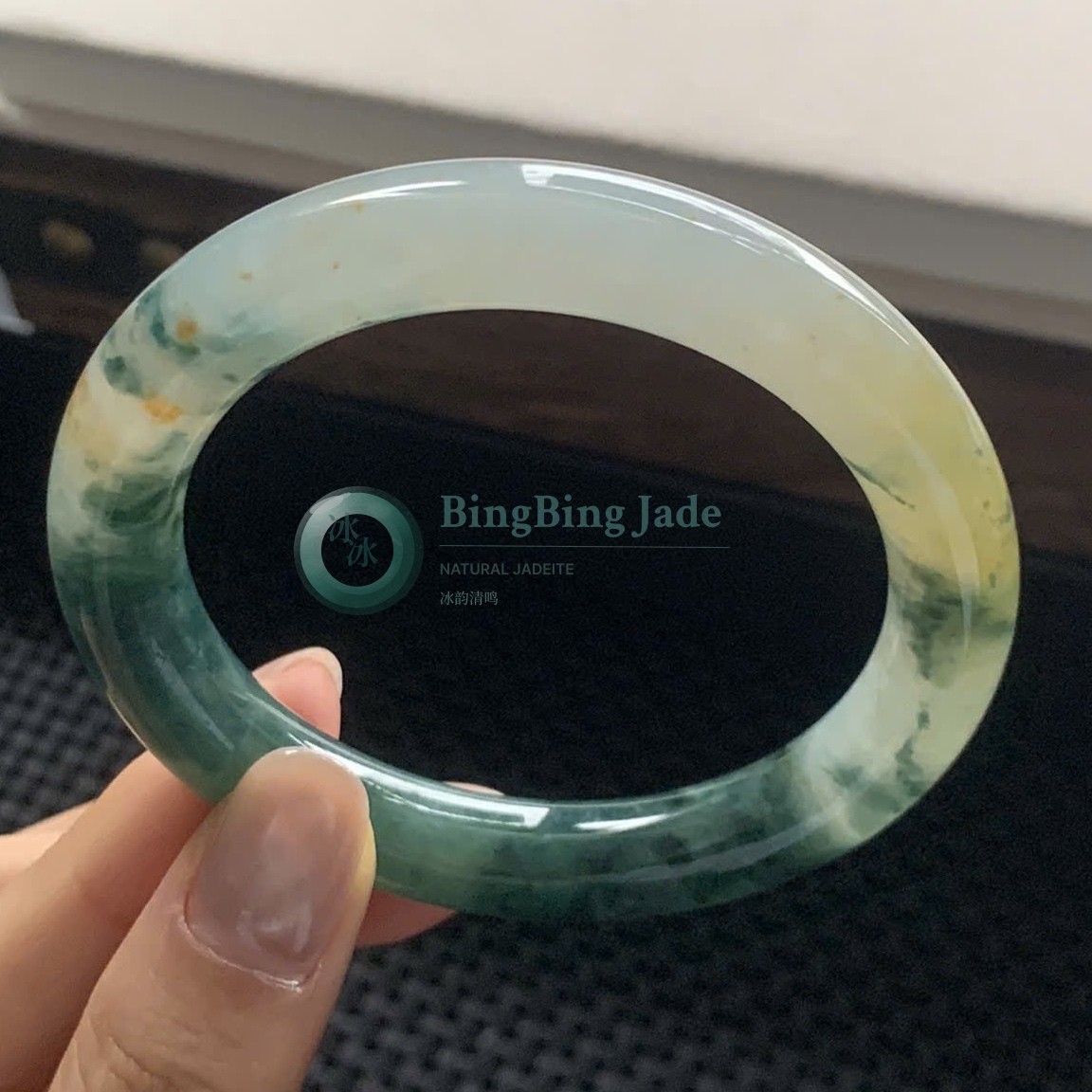 Fallen Blossoms on Emerald Stream Jadeite Bangle 53mm