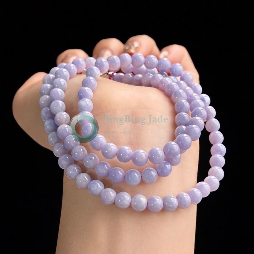 Violet Mist Lavender with Pink Hue Jadeite Bead Necklace — 6mm Strand