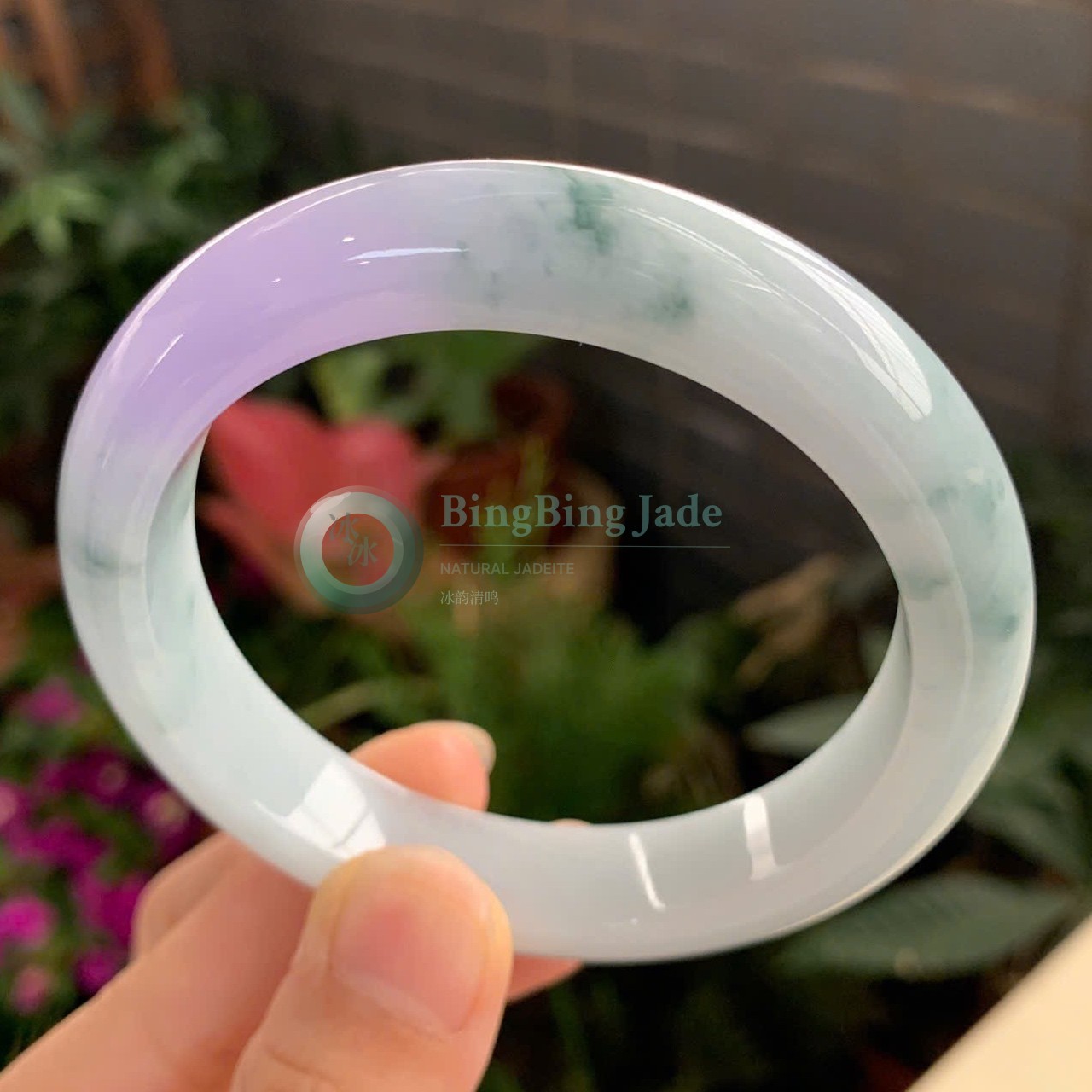 Lavender Drift with Floating Emerald Clouds — Jadeite Bangle 58.8mm