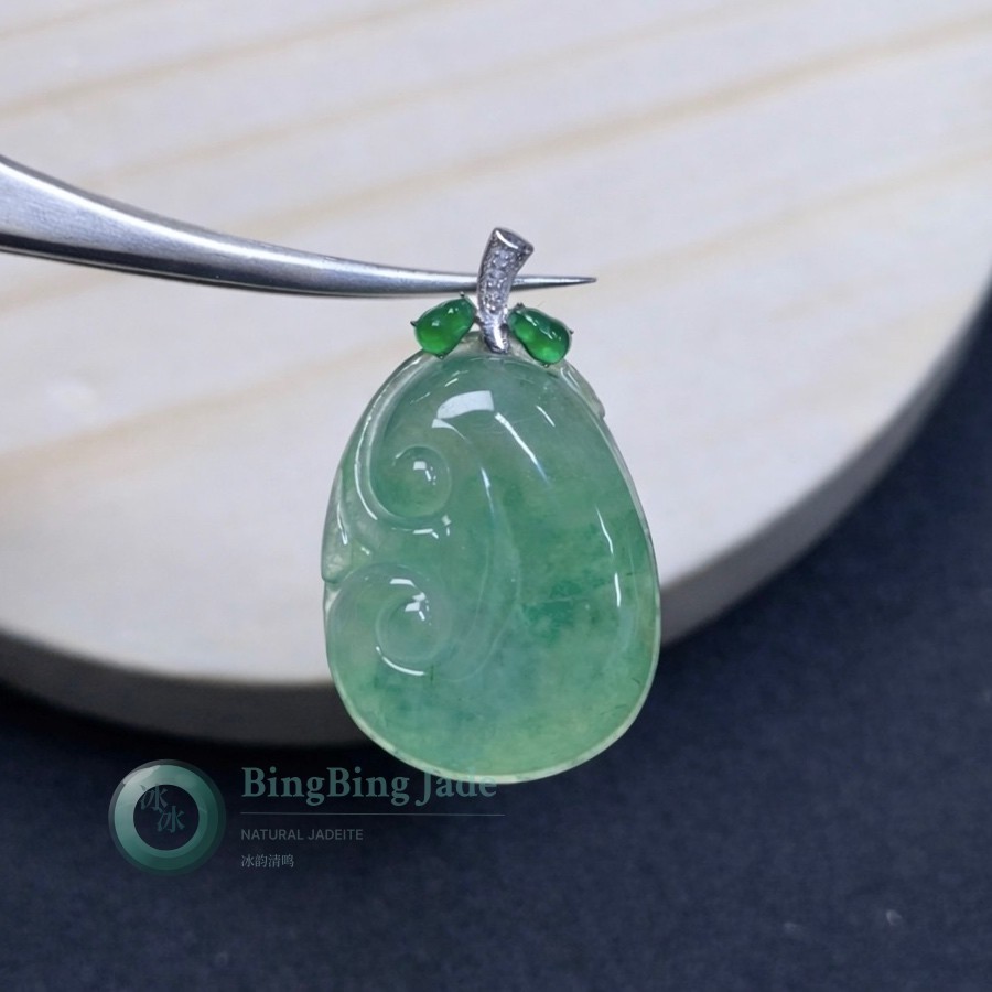 Dewy Spring Ruyi Carved Pendant with Emerald Cabochon Accents