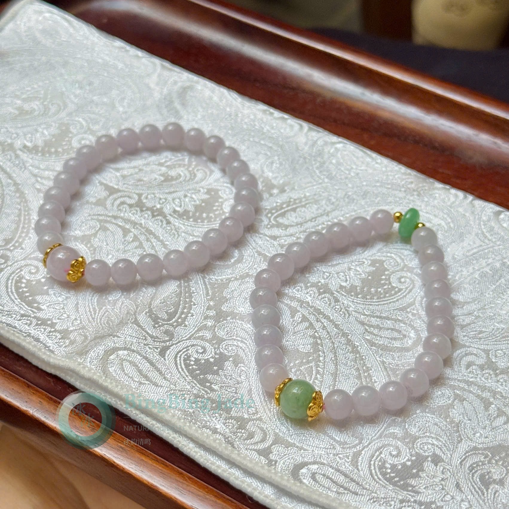 Lavender Mist Jadeite Bracelet Set with Green Jade Accents — 6.9mm Beads