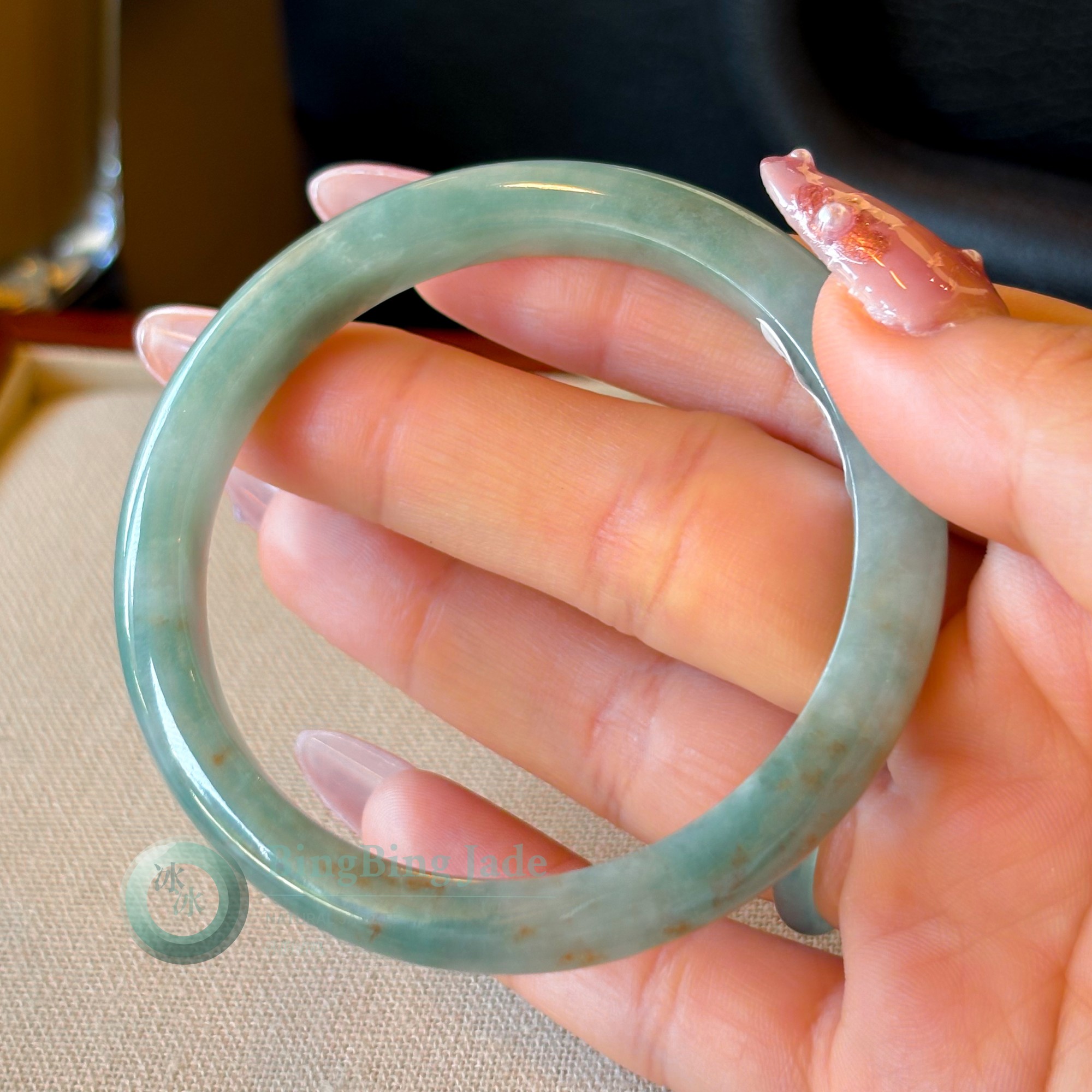 Blue-Green with Koi Kiss Accents — Jadeite Bangle 54.2mm