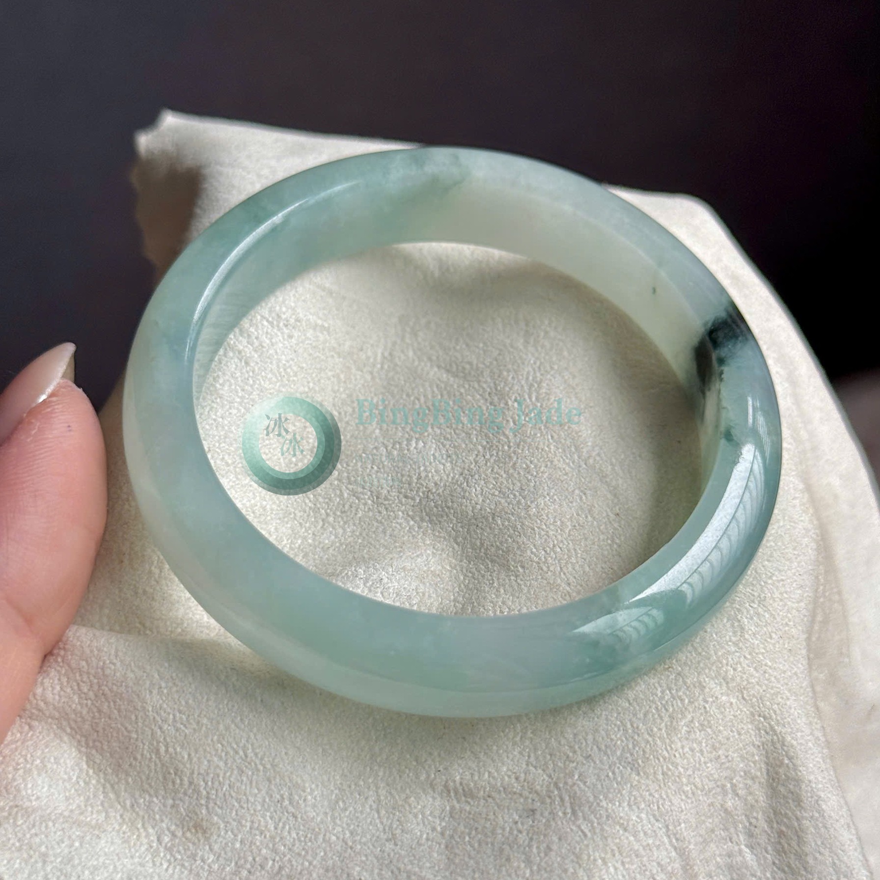 Celadon with Dark Moss Kiss — Jadeite Bangle 54mm