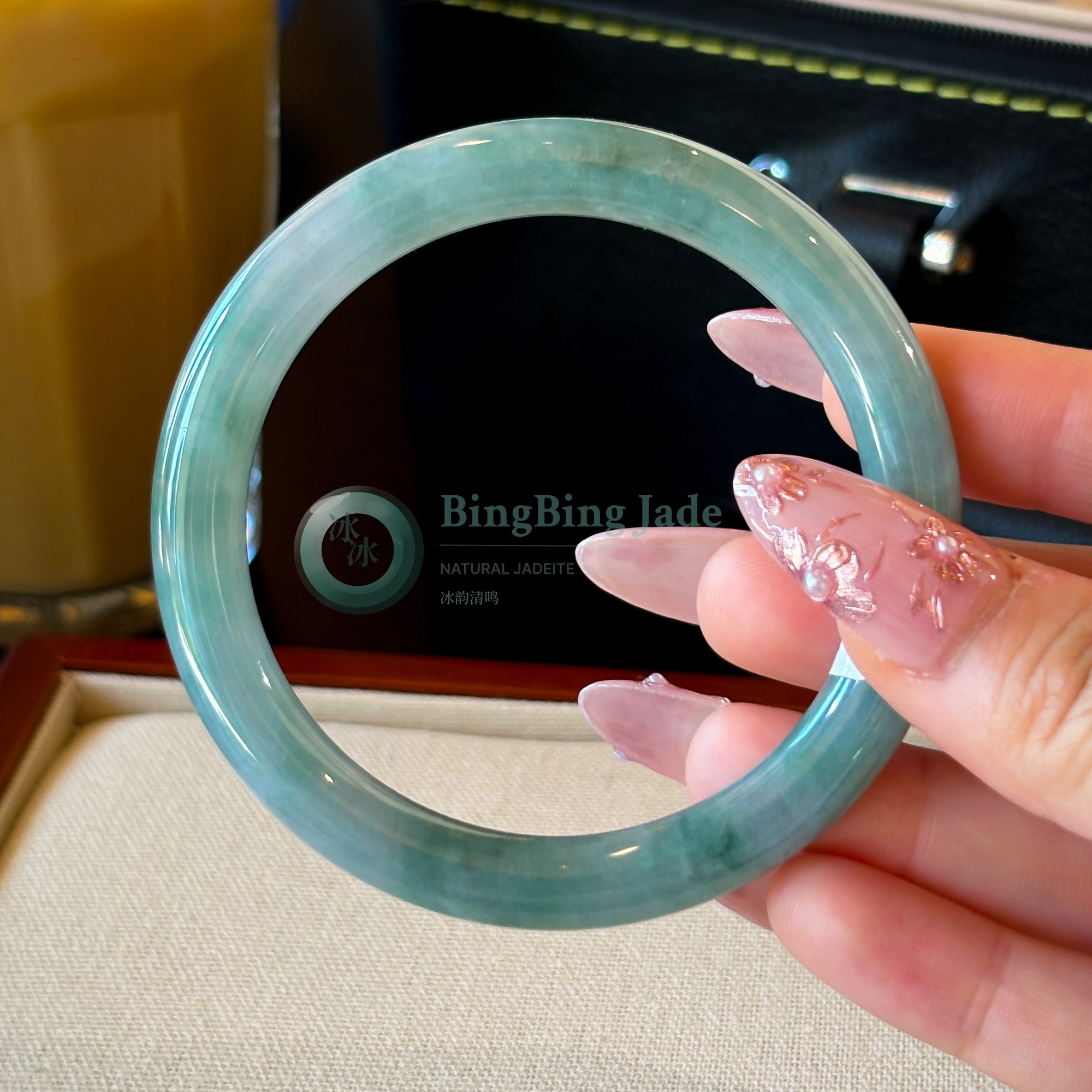Shifting Teal Glow — Blue-Green Jadeite Bangle 57mm
