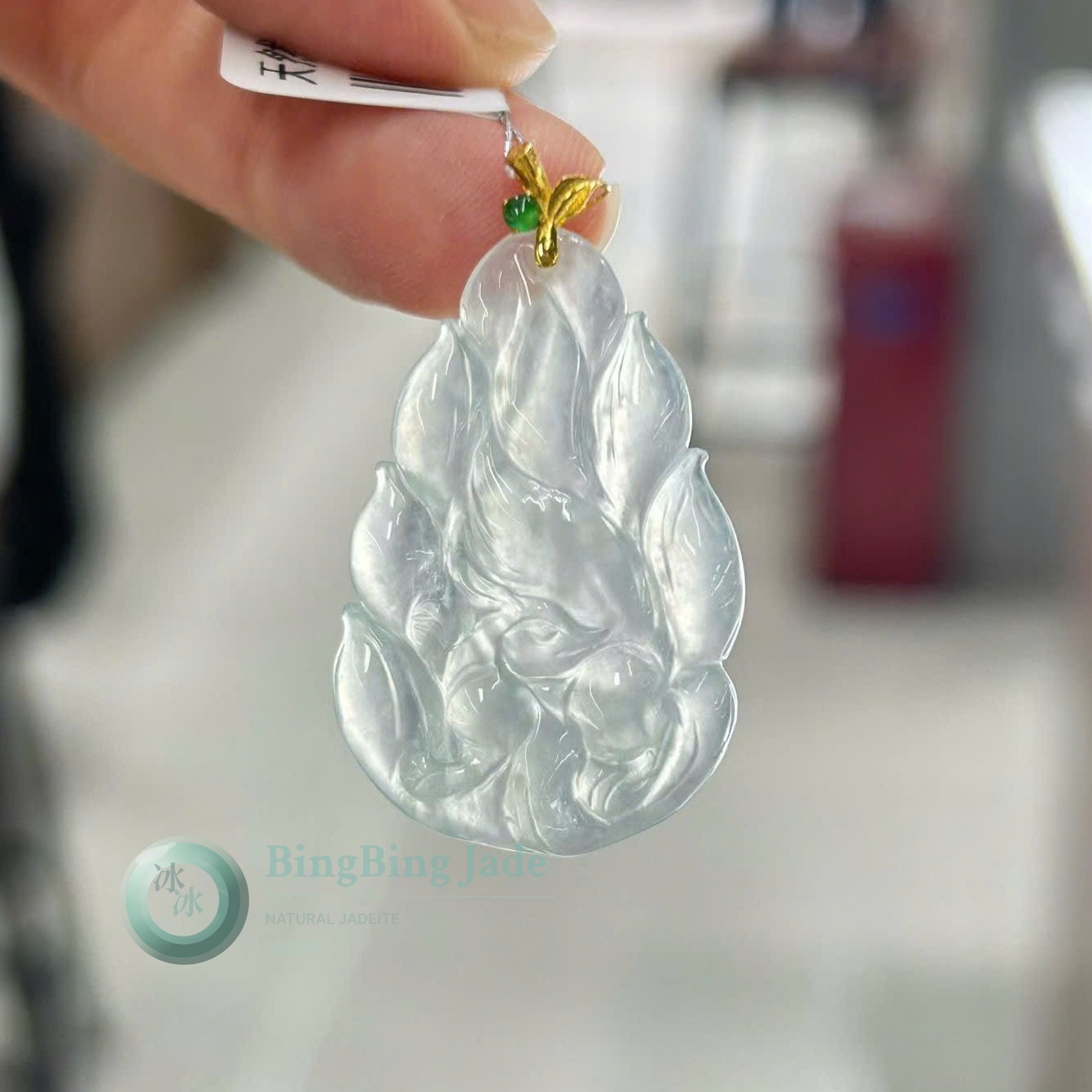 Icy Nine-Tailed Fox Pendant — Glacial Translucency in Carved Jadeite
