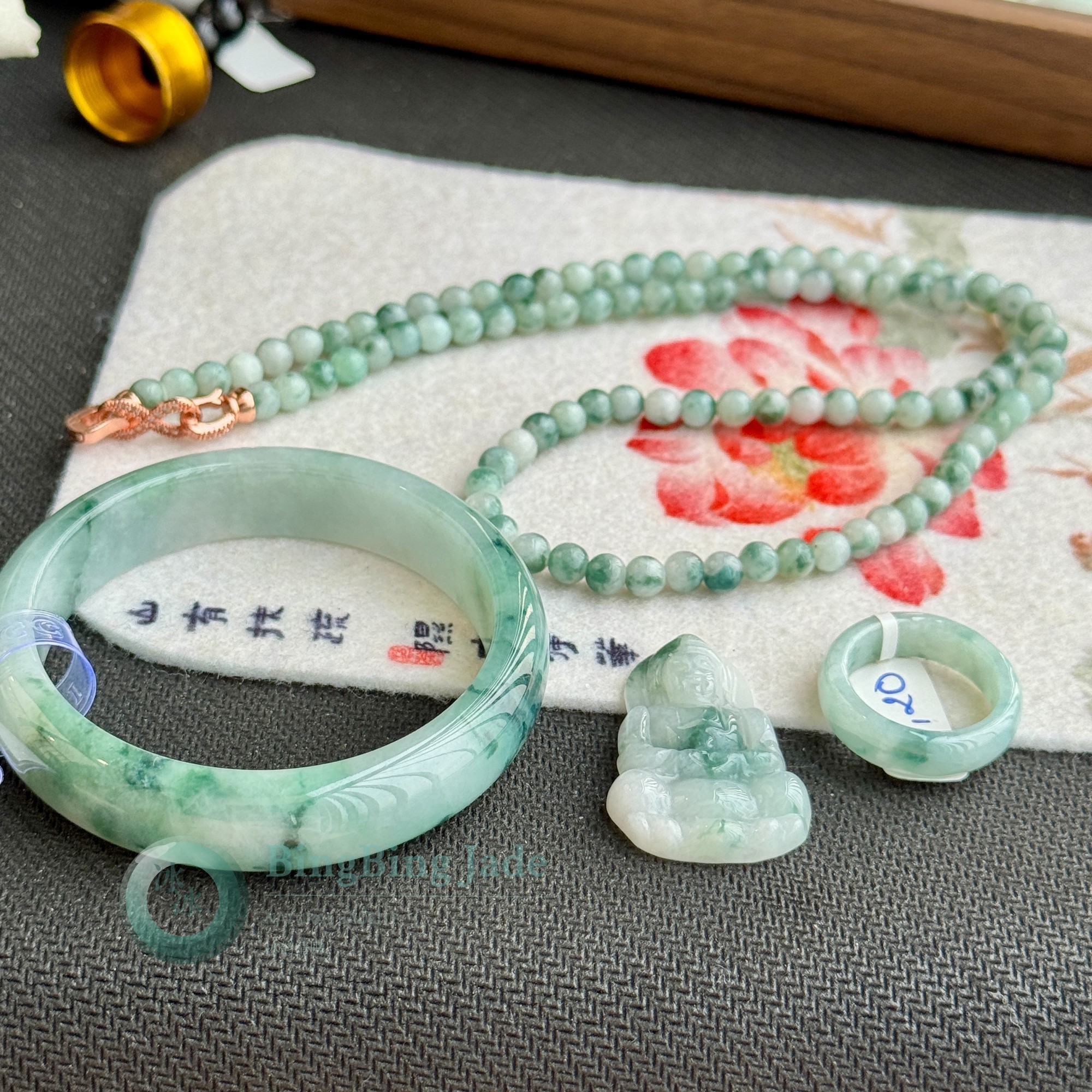 Floral Floating Green Jadeite Bangle 53.6mm — Complete Ensemble with Guanyin Pendant, Bead Necklace & Ring