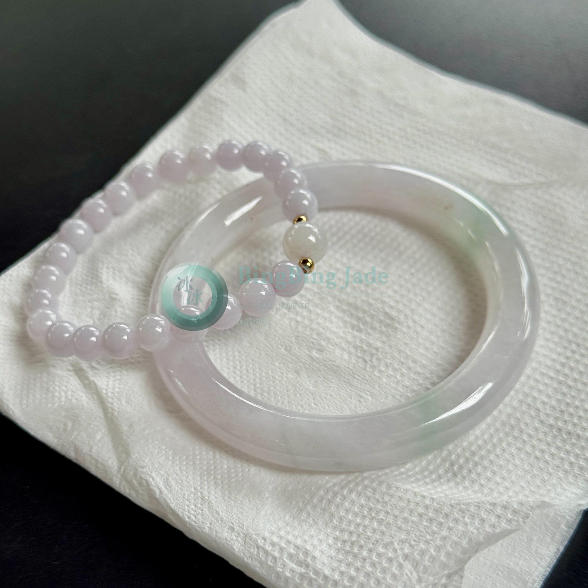 Pastel Rose Mist Icy Jadeite Bangle 54mm — Beaded Strand Combo
