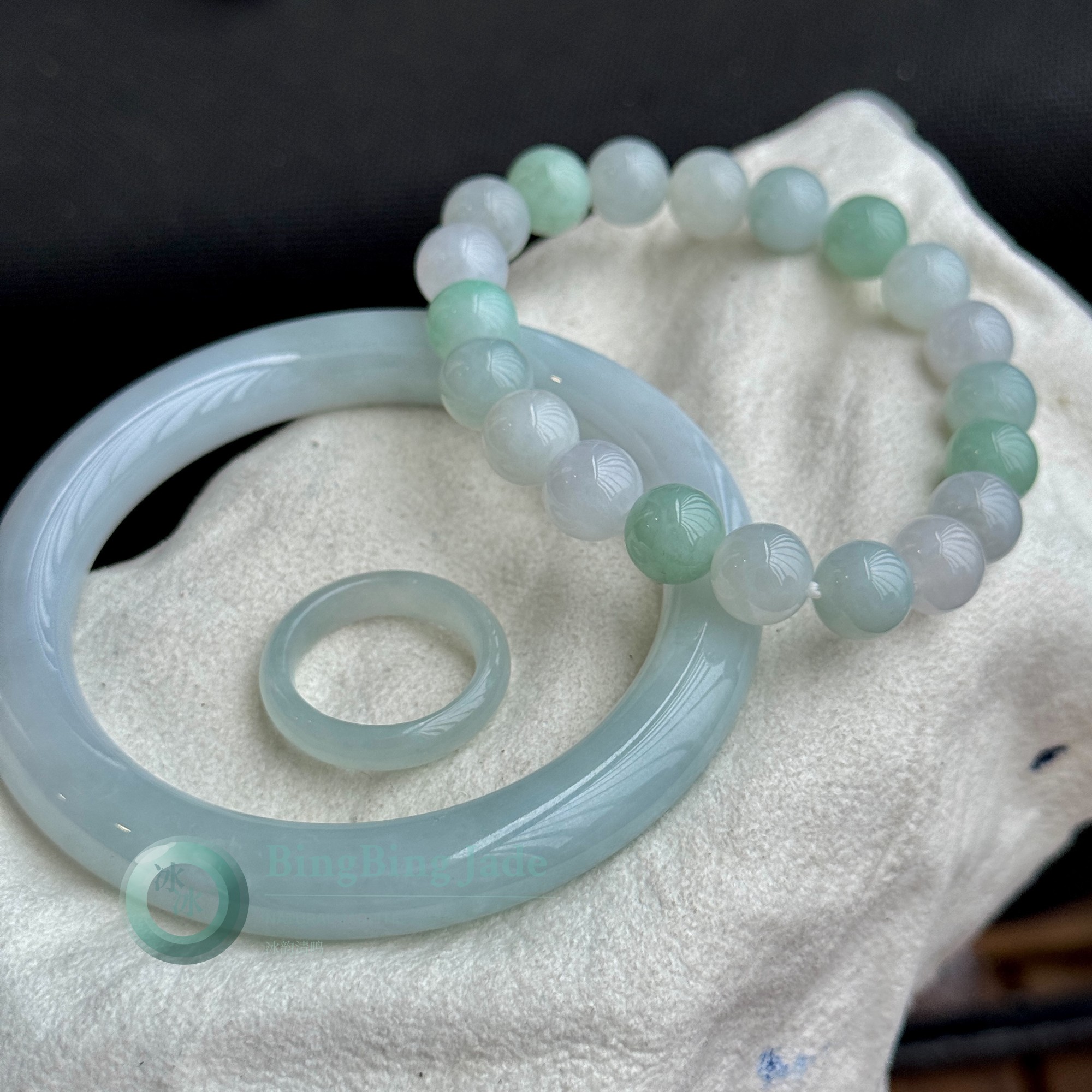 Cerulean Jelly Bangle Set — Blue-Green with Lotus Bead Bracelet & Ring 56.5mm