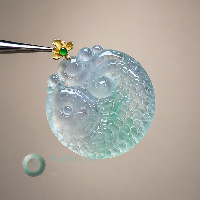 Icy Lucky Fish Pendant with Floating Spring Green