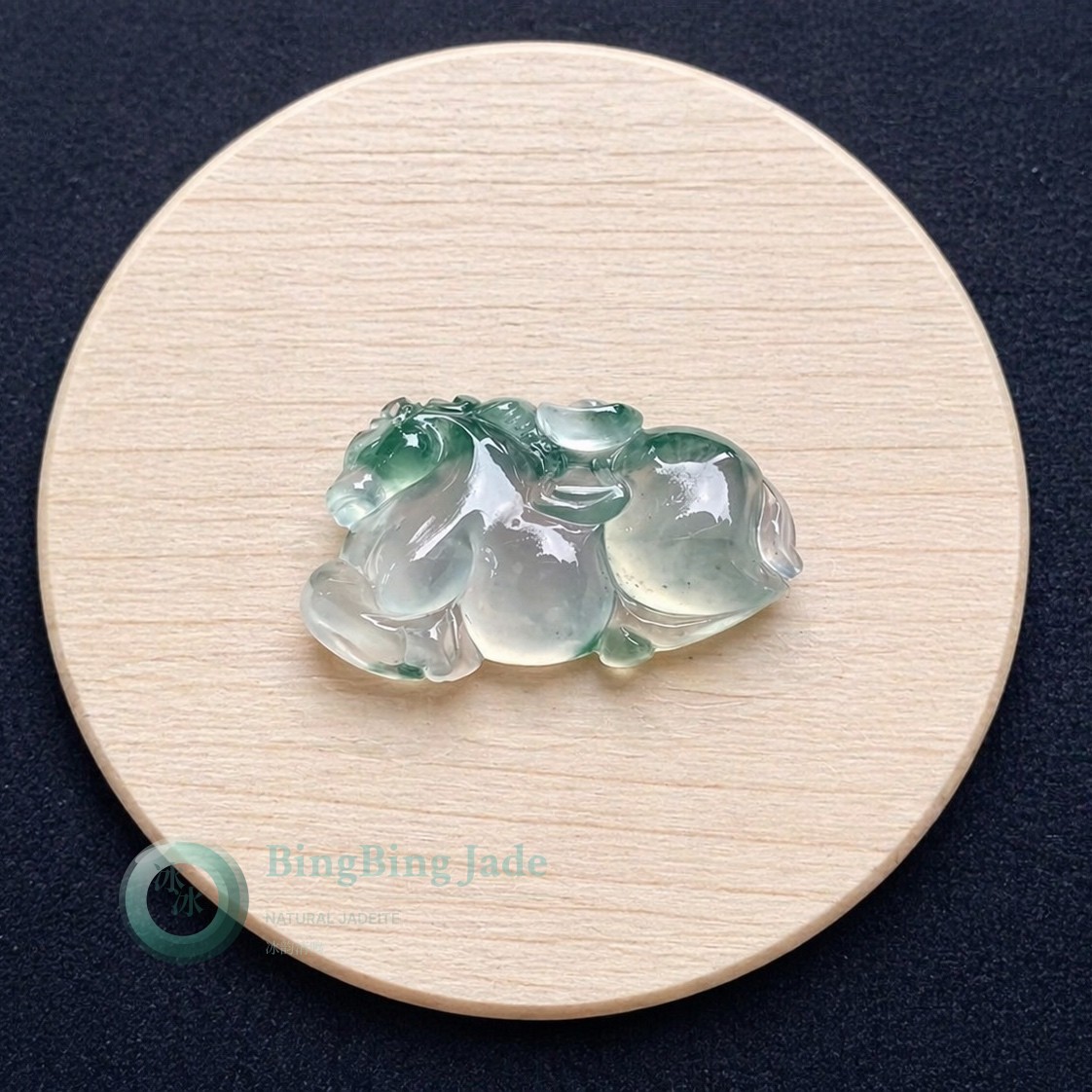 Icy Floating Green Horse Carrying Gold Jadeite Pendant — Galloping Succes and Wealth