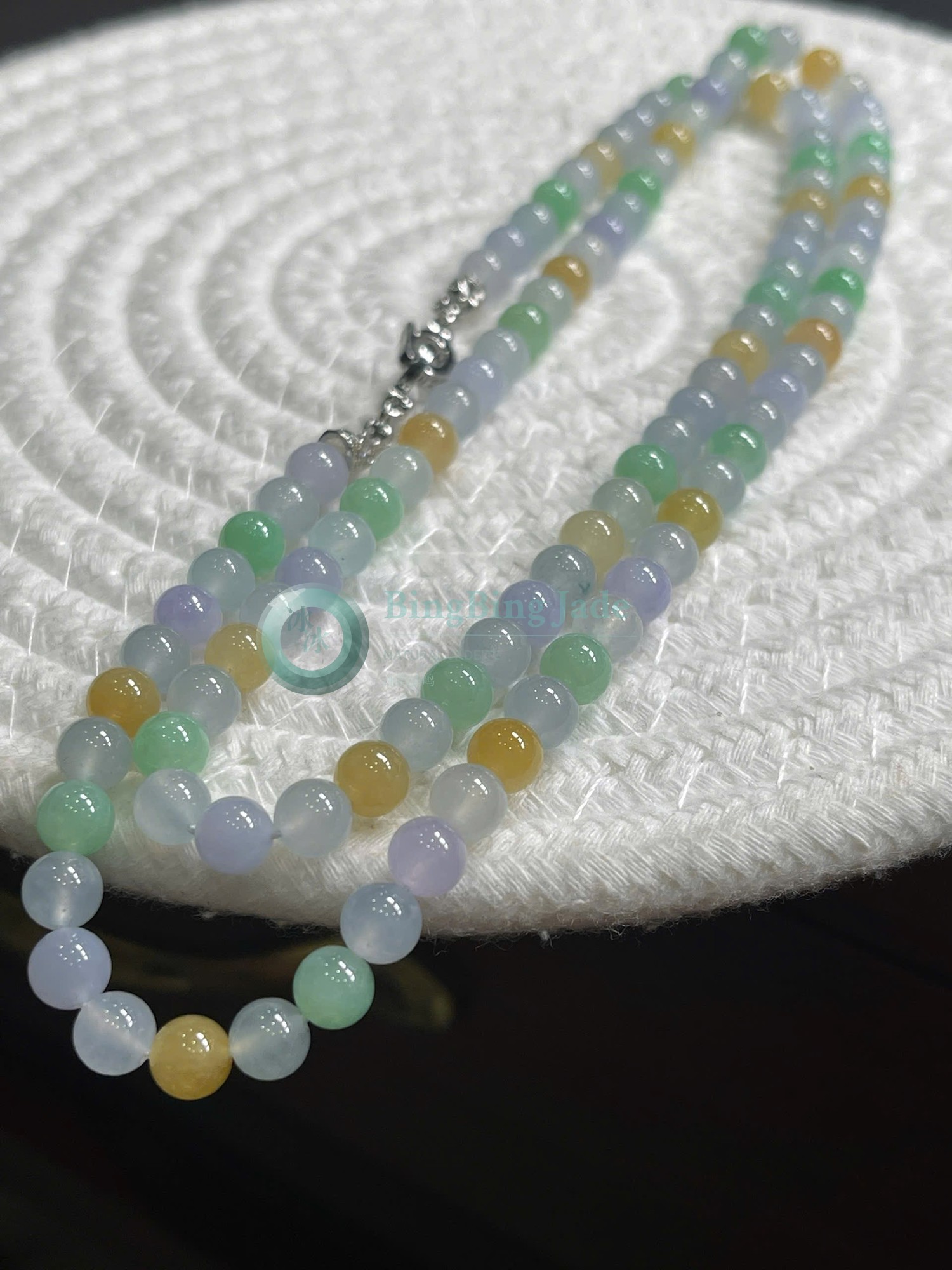 Pastel Candy Multicolor Jadeite Bead Necklace — Lavender, Green, Yellow & Icy White