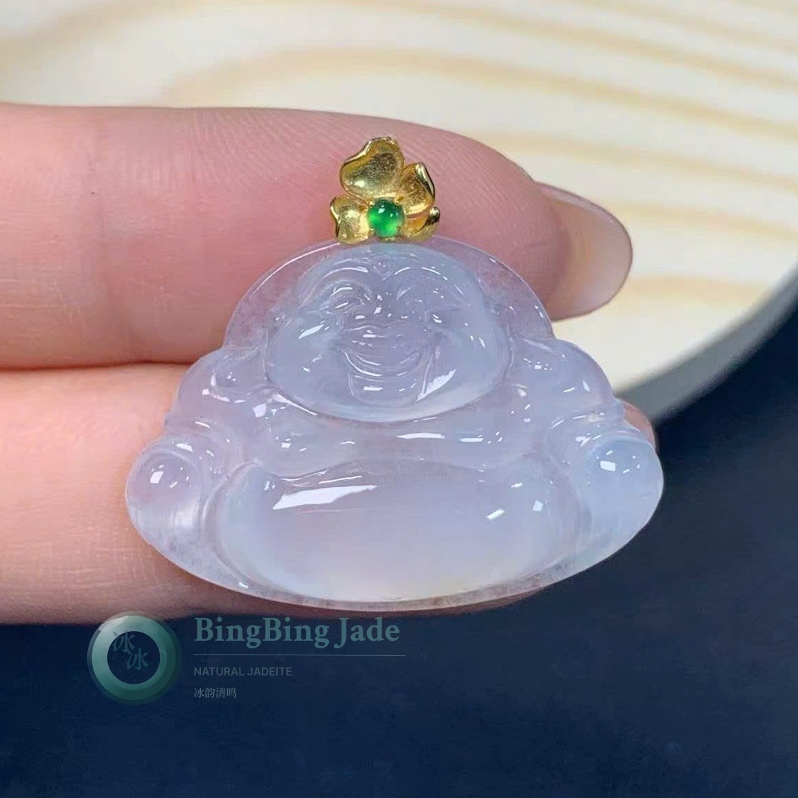 Icy White Laughing Buddha Pendant 29mm — Pure Jelly Glow