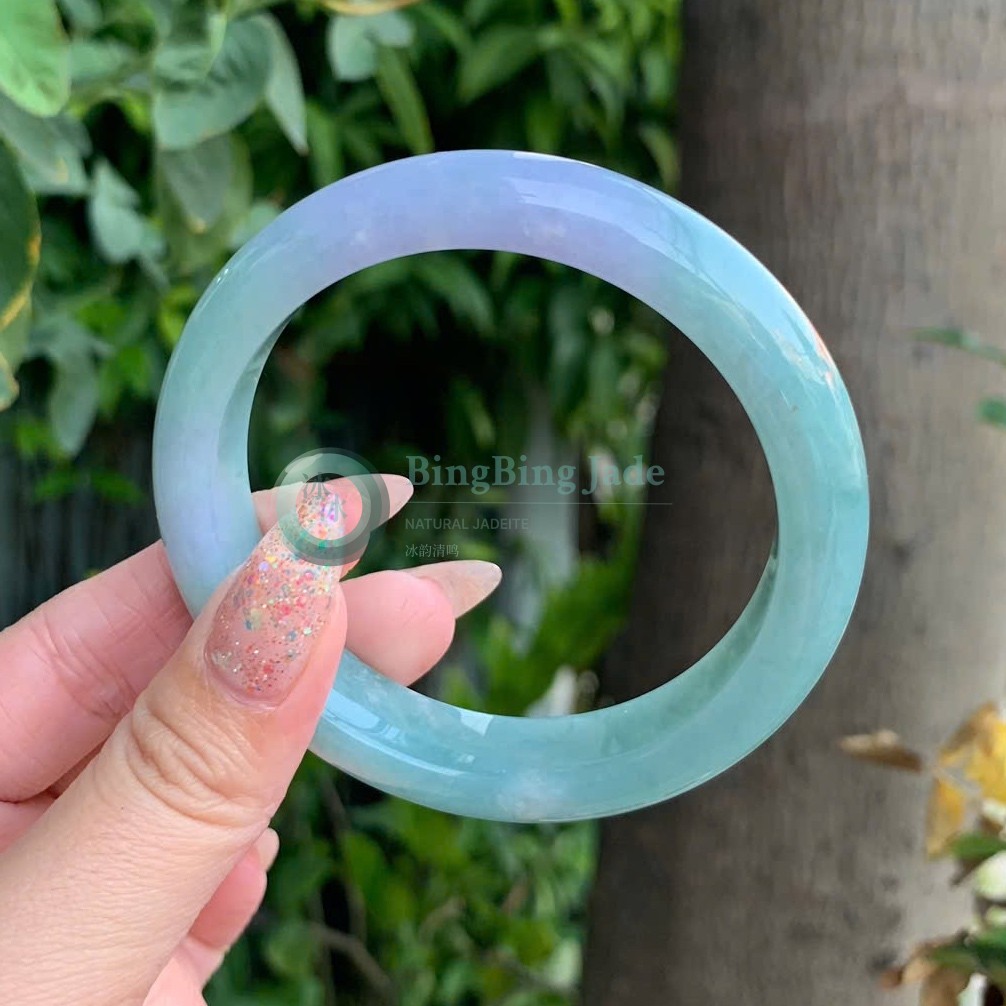 Lavender-Mint Drift Jadeite Bangle 56.7mm — Pastel with Colour Bloom