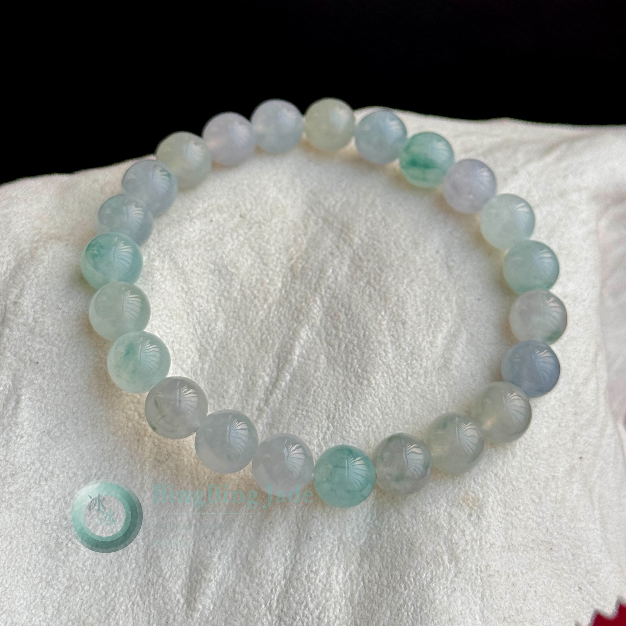 Carved Lotus Beads in Icy Celadon & Seafoam — Multi-Hue Jadeite Bracelet